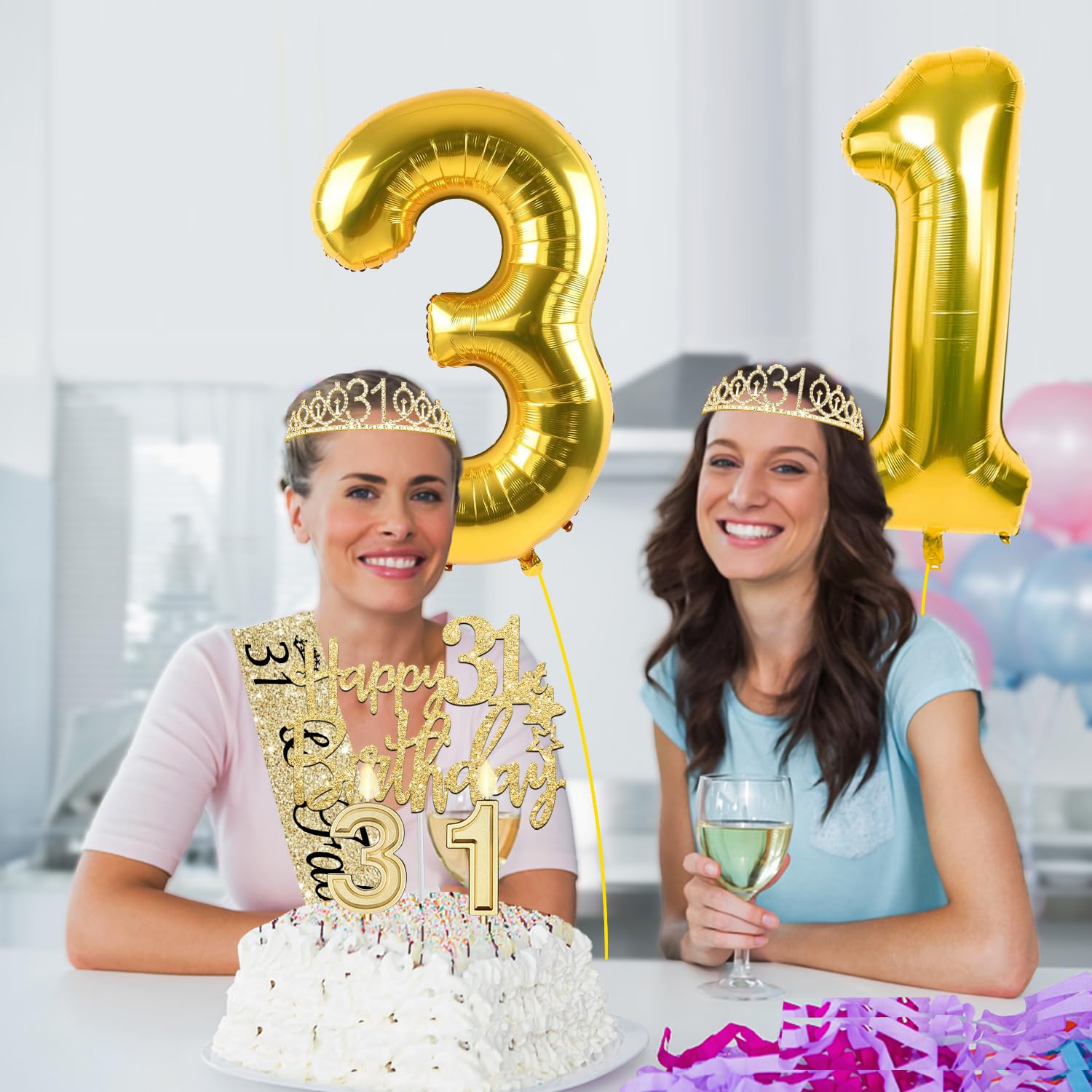 31st Birthday Decorations for Women Gold with 31st Birthday Tiara and Sash, Cake Topper and Number Candles, Number Balloons, 31