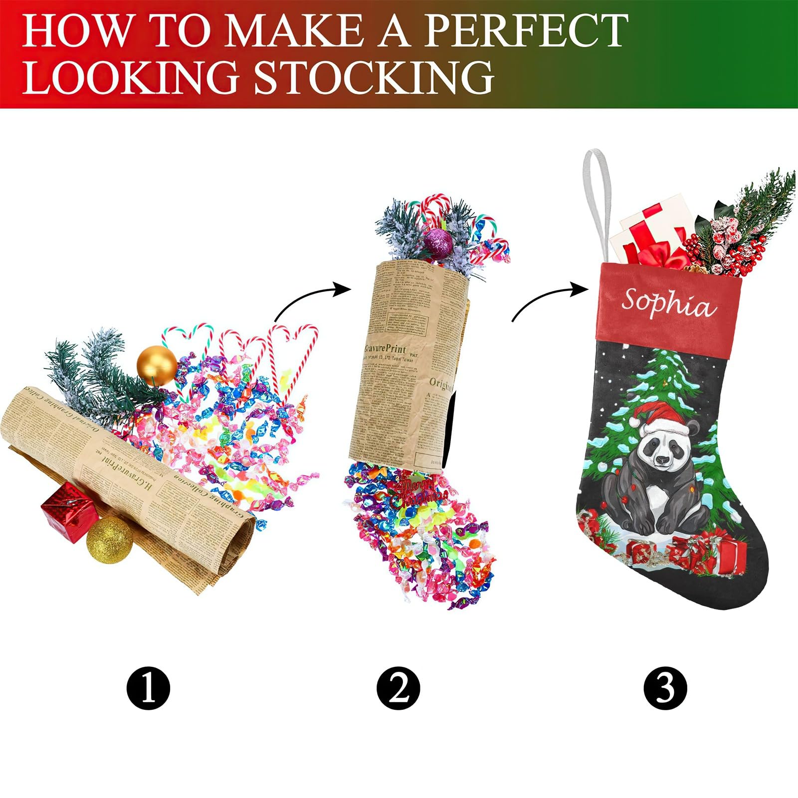 SunFancyCustom Custom Panda Animal Christmas Tree Hat Christmas Stocking Personalized with Name Xmas Family Holiday Birthday Gif