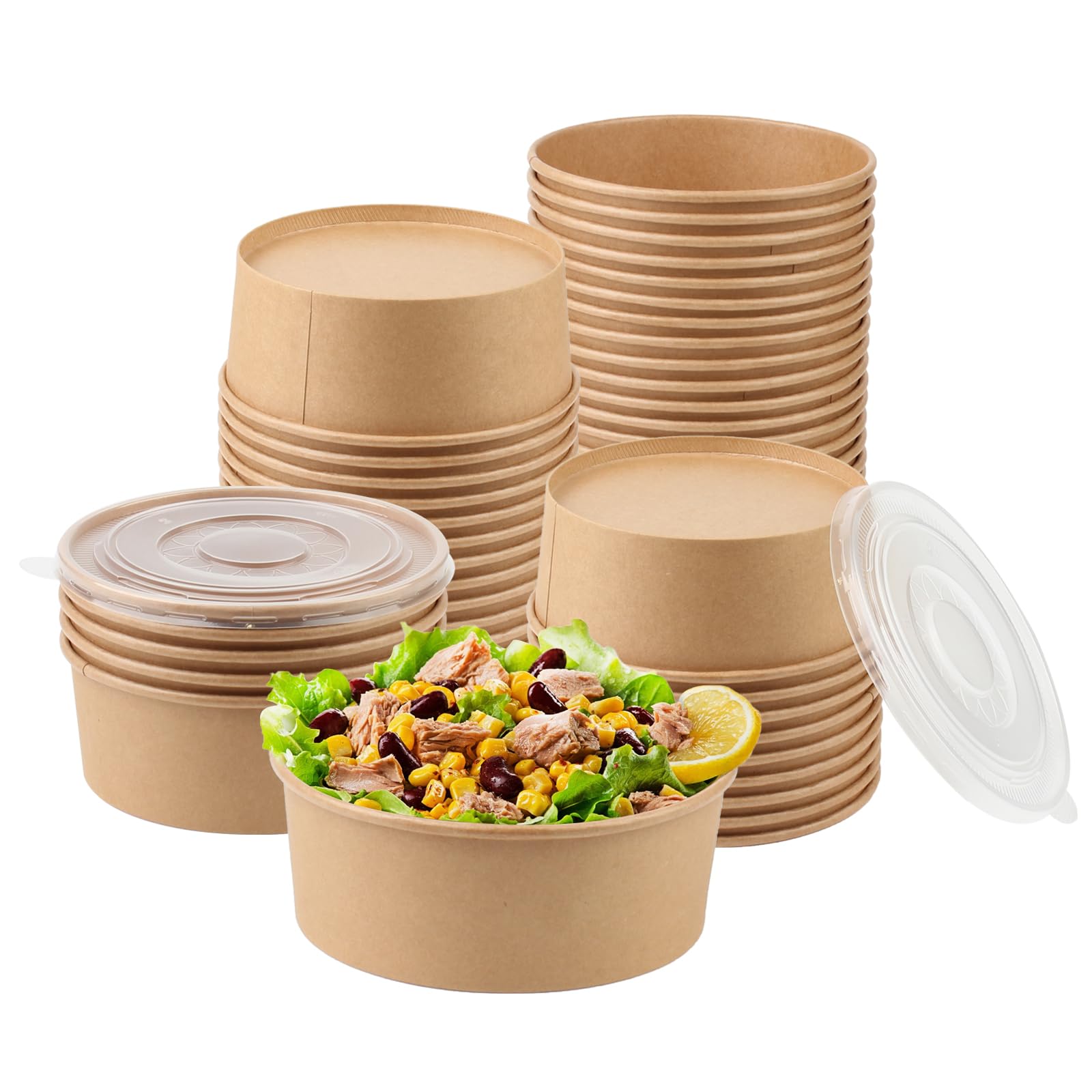 Belinlen 36Oz 50 Sets Large Kraft Paper Bowls With Lids, Disposable Bowls With Lids, Paper Salad Bowls, Paper Food Container Wit