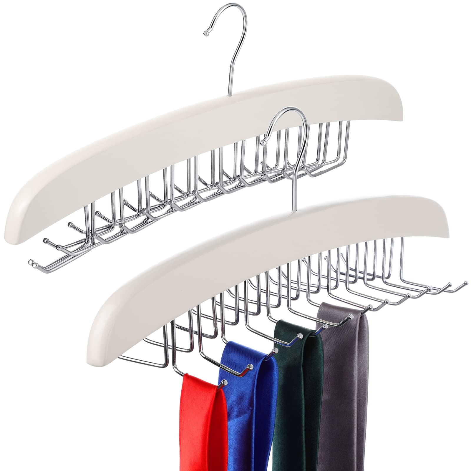 Jetec 2 Pieces Tie Rack Tie Hanger 24 Hooks Wooden Tie Rack Hanger for Closet 360 Degree Rotating Belt Holder Tie Organizer for 