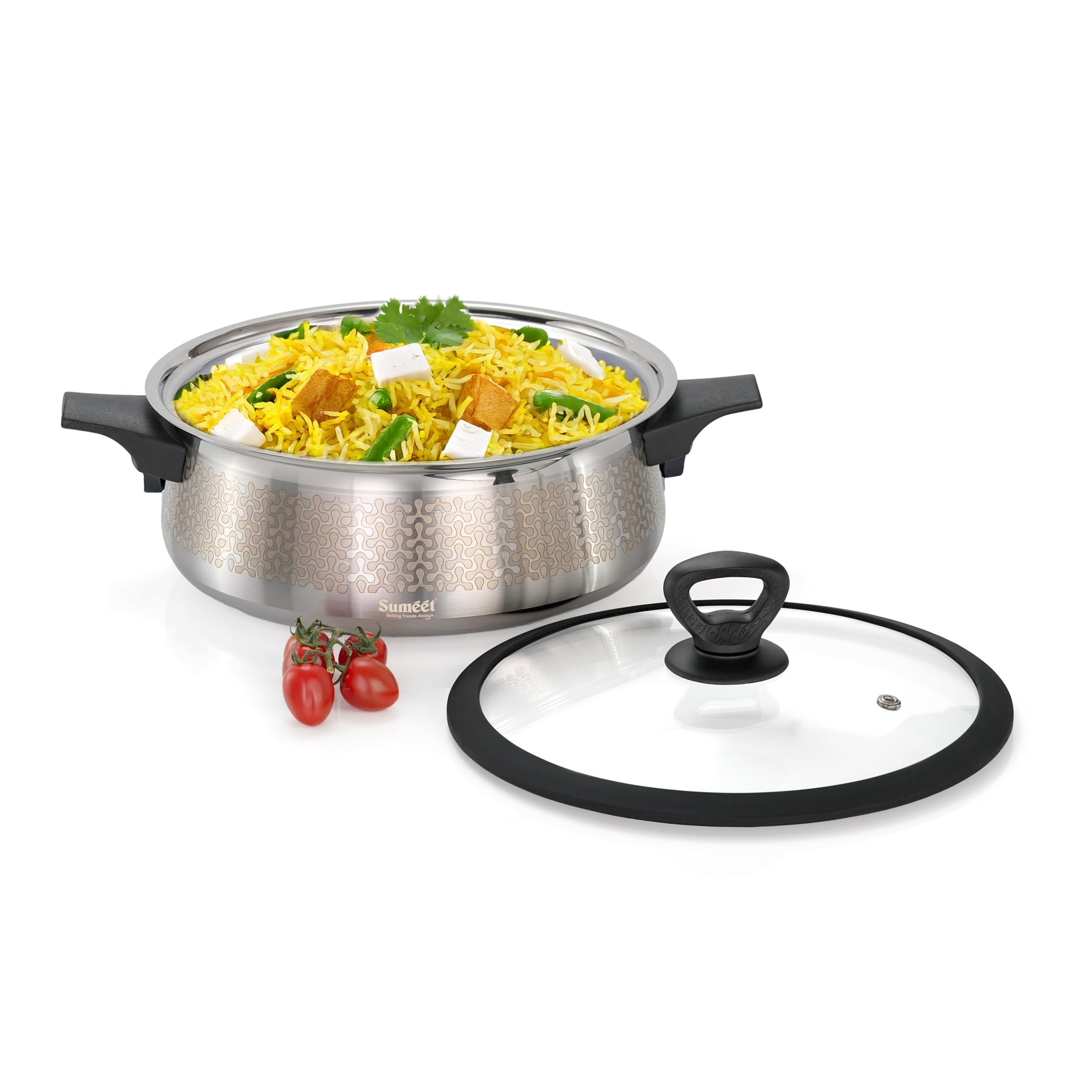Sumeet ISI Certified Stainless Steel Cook & Serve Designer Shallow Biryani Pot Casserole with Glass Lid |Induction and Gas Compatible | Capacity - 3500ml -Dia - 25cm  Silver