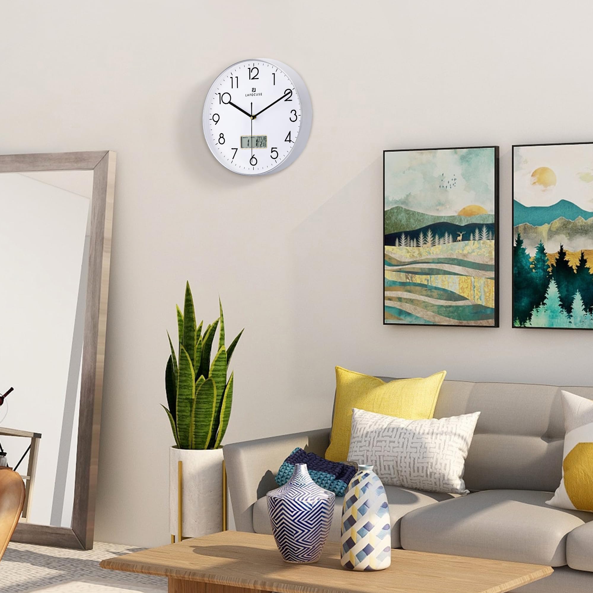 Lafocuse Silver Wall clock with Date Month Day of Week and Temperature  Silent Non-Ticking Battery Operated clock for Living Room Bedroom Office Decor