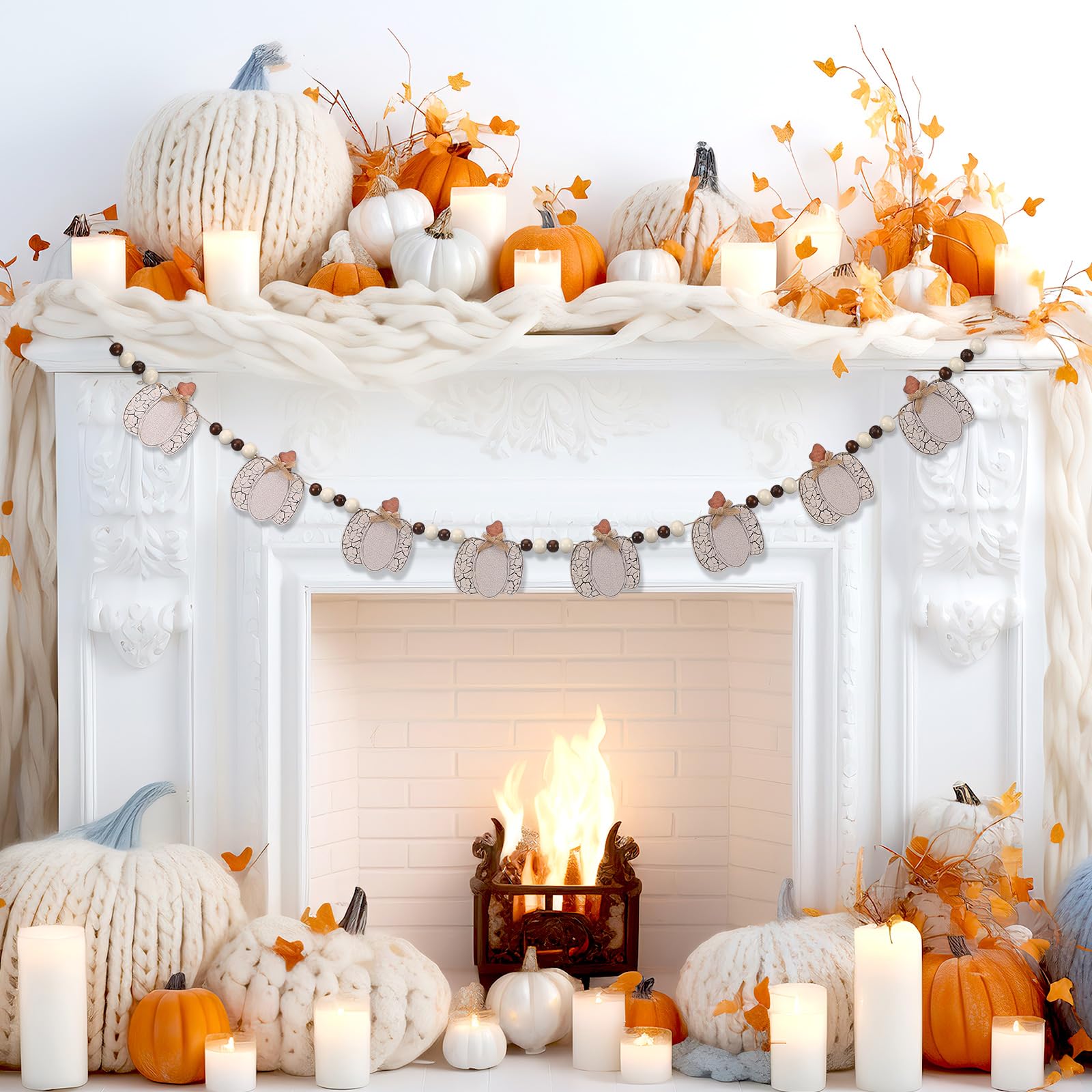 Cinnvoice 8.2 ft Fall Decorations Wooden White Pumpkin Garland Rustic Farmhouse Wood Bead Garland Cracked Pumpkin Thanksgiving B