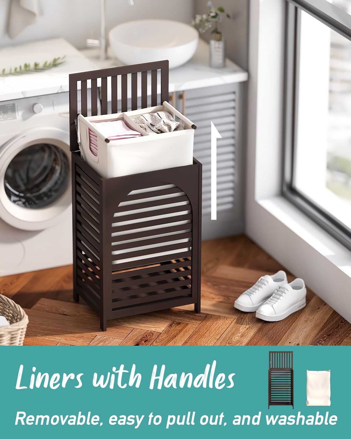 Laundry Hamper With Lid, 22.5 Gallon (85L) Bamboo Wood Clothes Laundry Basket With Lid And Handles, Removable Liner (Brown)