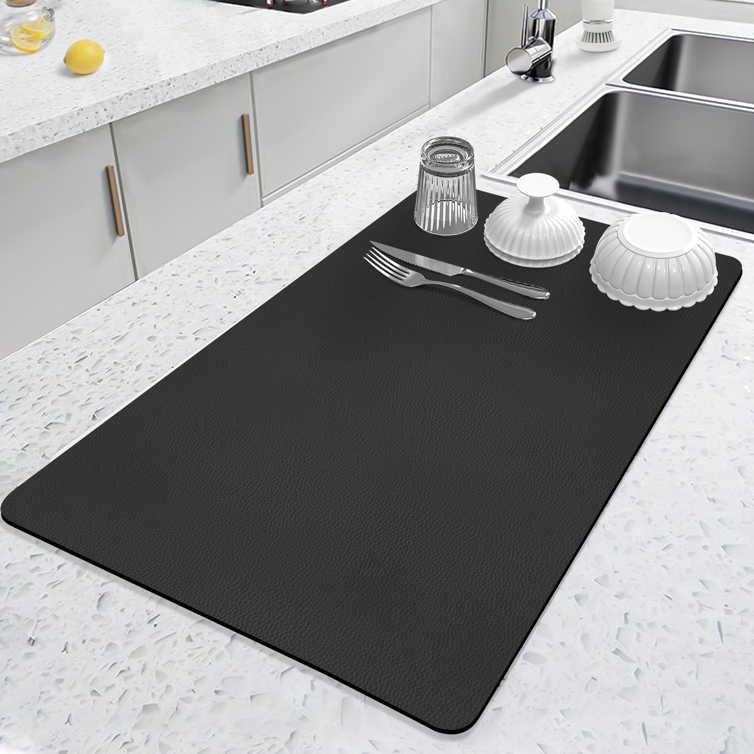 Dish Drying Mat For Kitchen  Water Absorbent Large Drying Mat For Utensils, Plates, Glasses, And More, QuickDry Countertop Sol