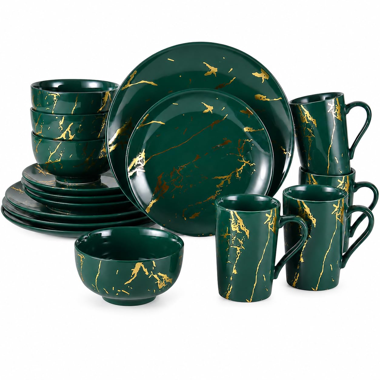 Loymokinar Dark Green Dinnerware Set for 4, 16Piece Porcelain, Gold Marble