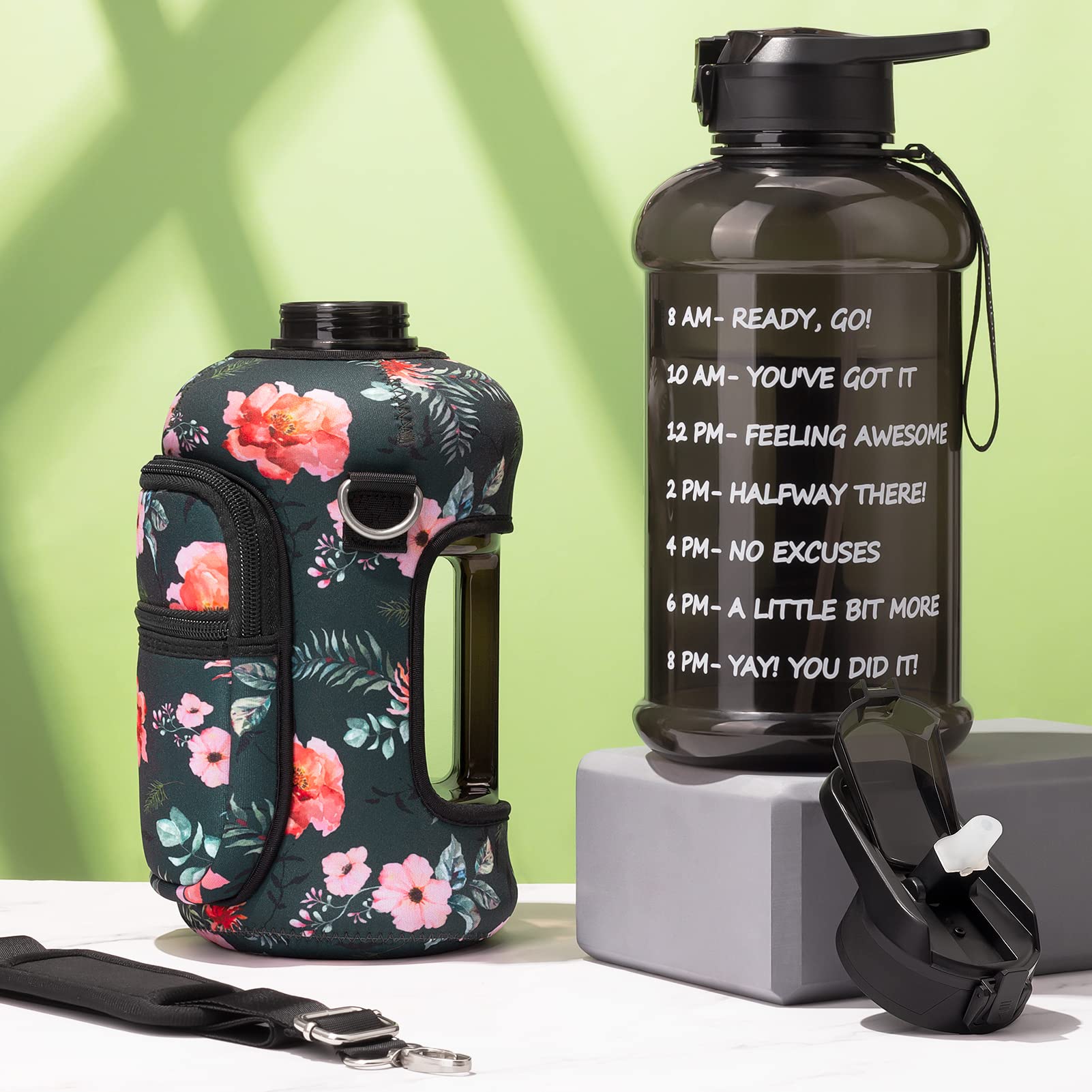 Fimibuke Half Gallon Water Bottle With Sleeve 64 Oz Water Bottle With Handle & Straw Leakproof Motivational Sport Gym Water Bott