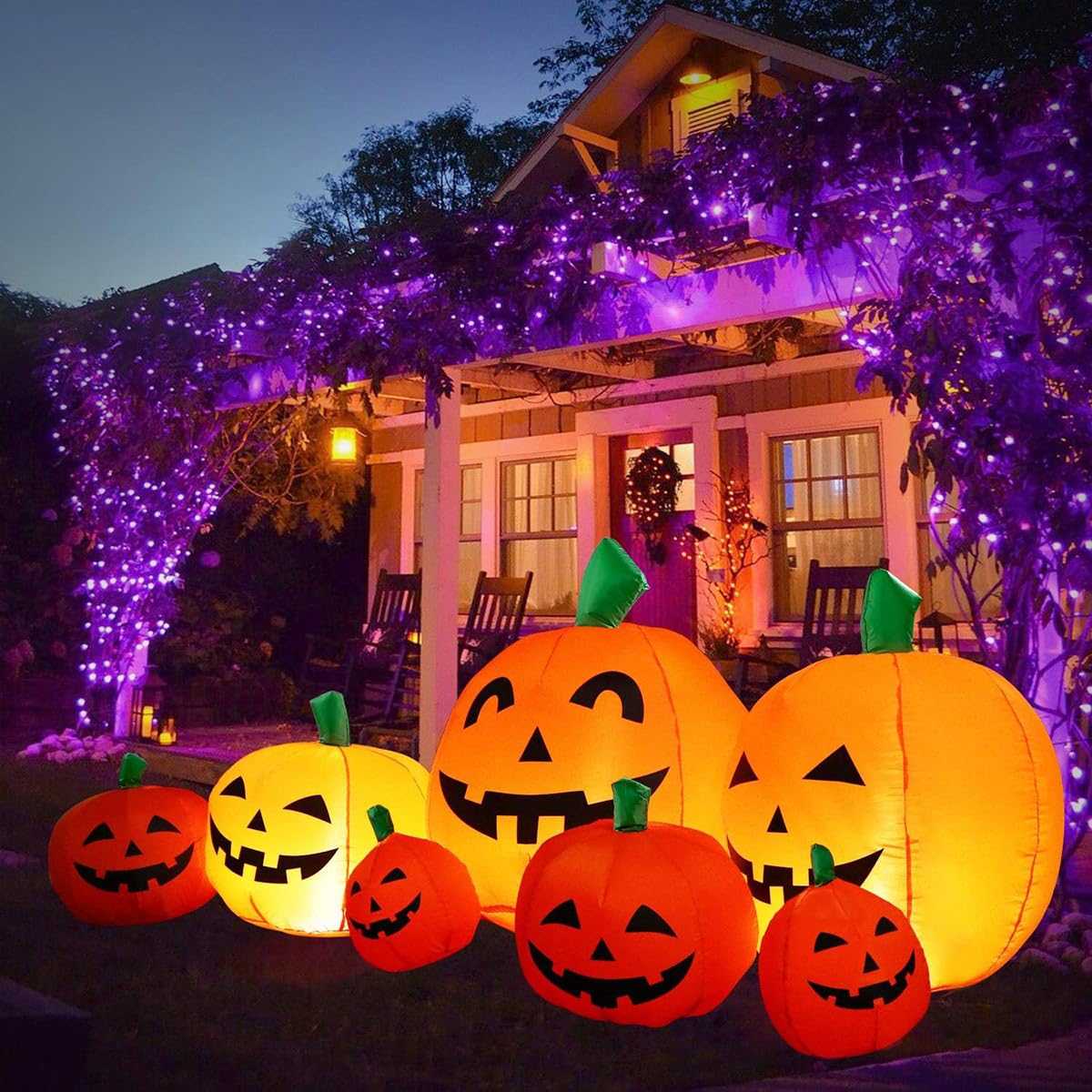 Decfine Halloween Inflatable Pumpkin Outdoor Decoration,JackoLanterns with Build-in LED Lights, Blow Up 7 Pcs Pumpkins Patch for