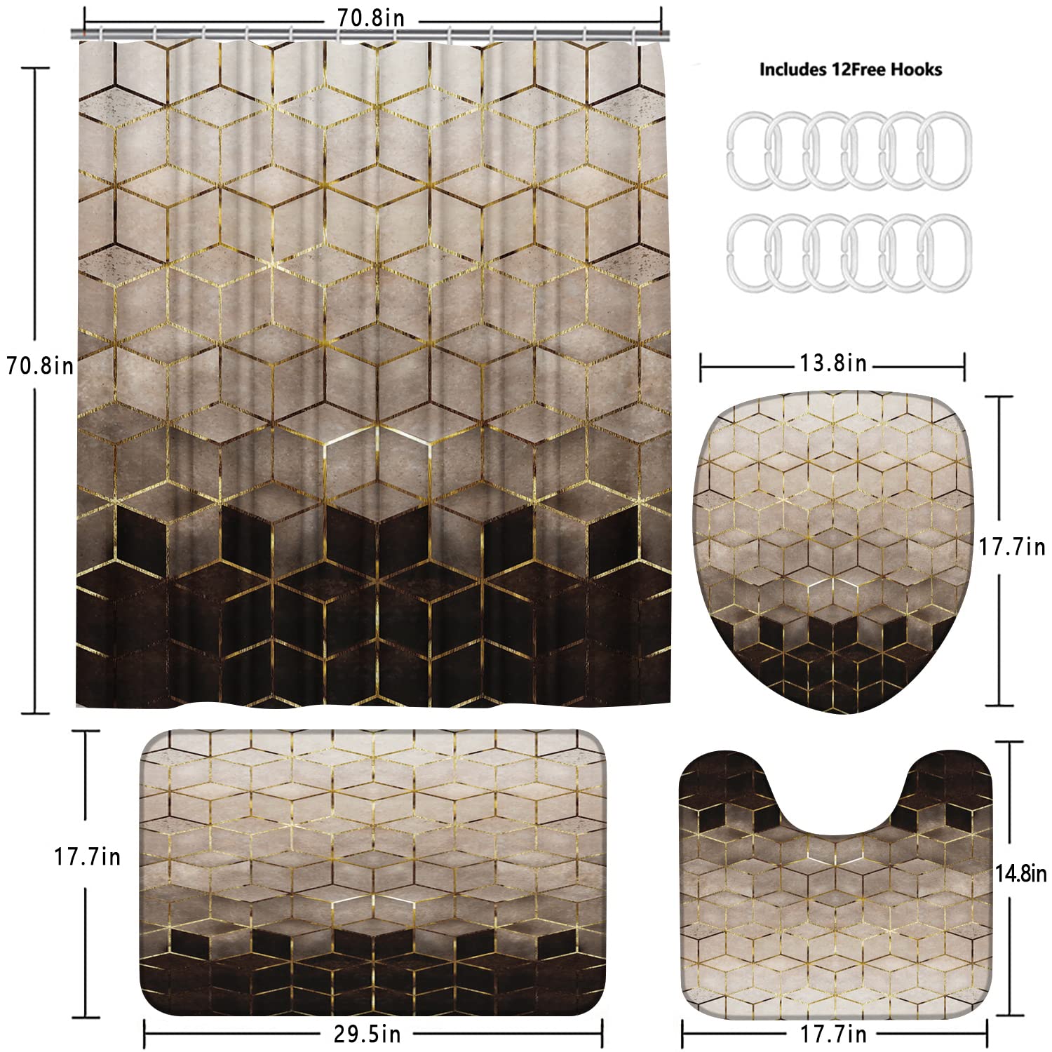 Lqcool 4Pcs Brown Gradient Shower Curtain Set, Modern Geometric Shower Curtain Set Golden Cubic Lines Bathroom Set Texture Art B