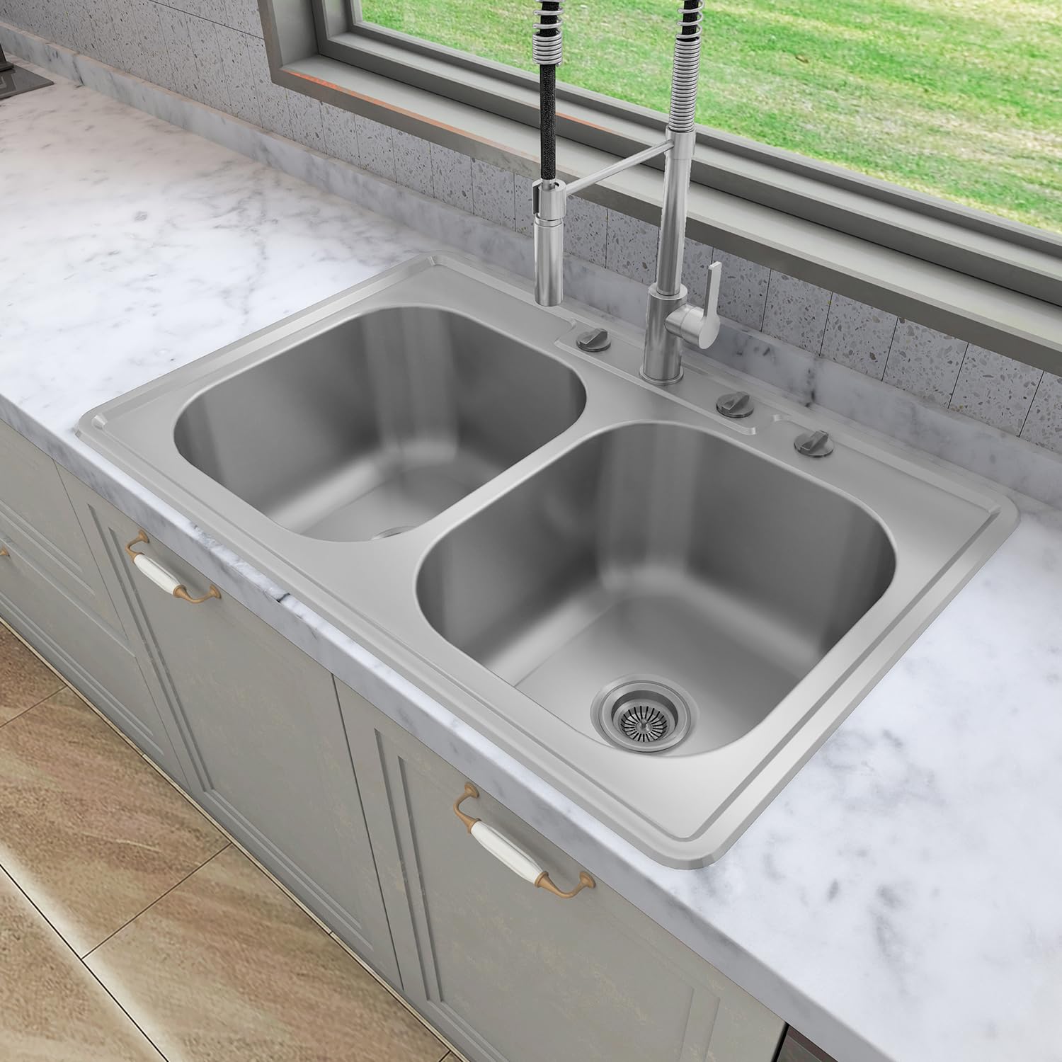Sinber 33'' X 22'' X 9'' Drop In Double Bowl Kitchen Sink With 18 Gauge 304 Stainless Steel Satin Finish Mt3322D-Ol (Sink Only)