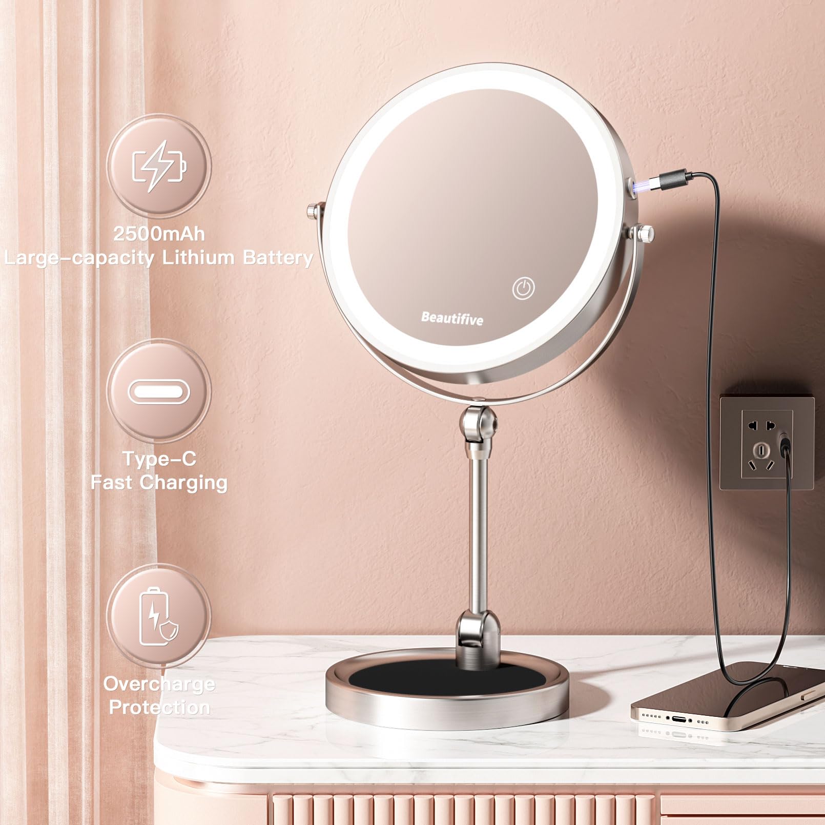 Beautifive 10'' Makeup Mirror With Light, 12X/1X Lighted Magnifying Mirror, Angle Adjustable & 3 Color Dimmable, 360Rotatable Re