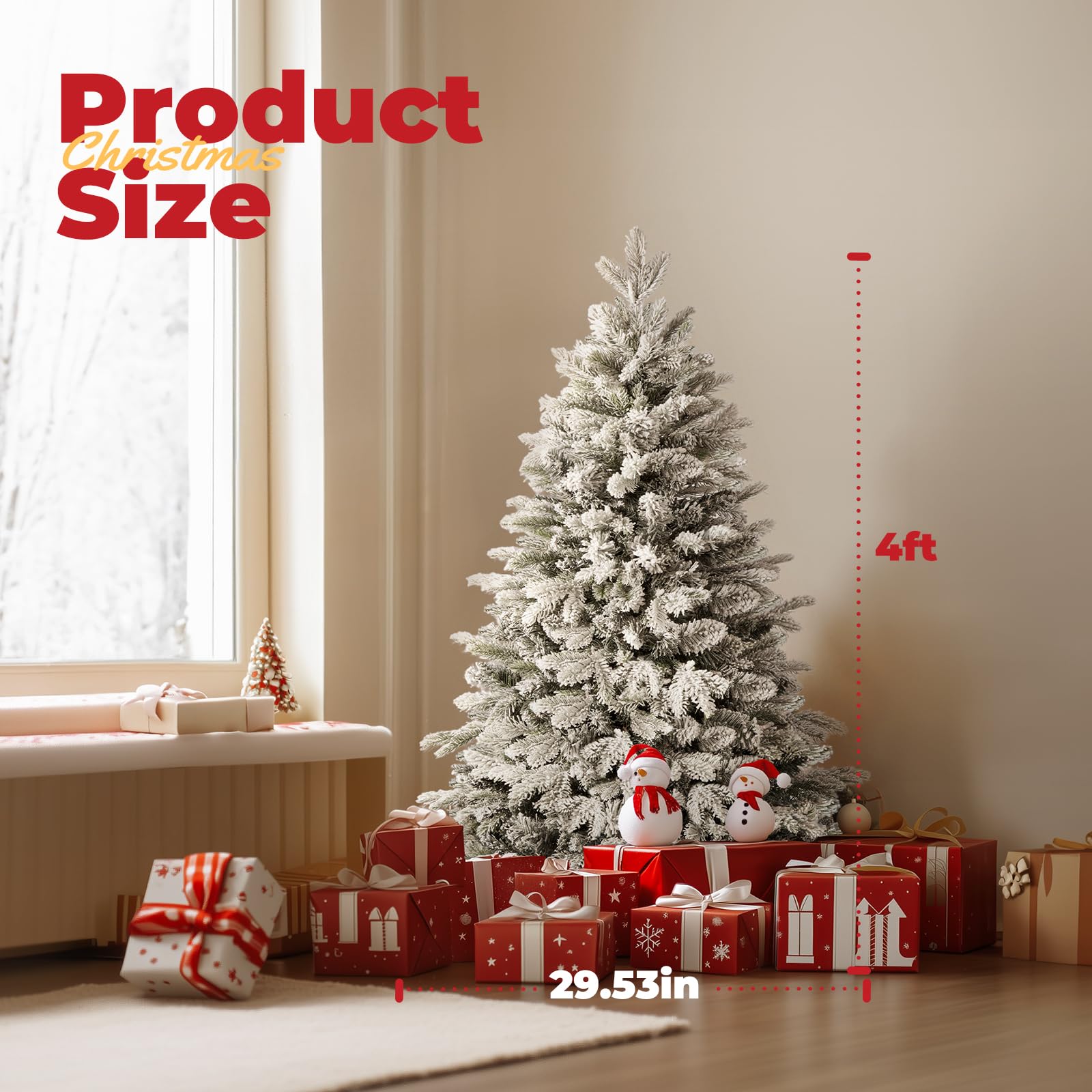 OasisCraft 4ft Flocked Christmas Tree, Pre Lit with Red Berries and Pinecones, DIY Decorations Tabletop Tree