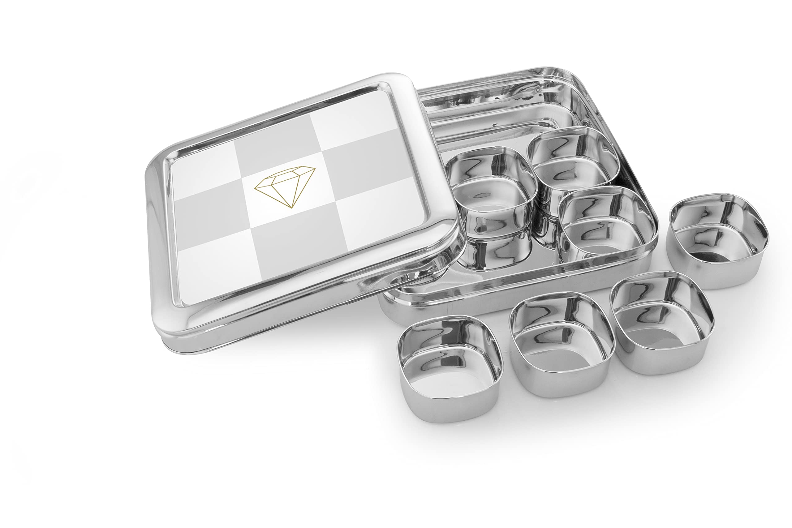 Bird In Blue Bluebird Stainless Steel Square Masala (Spice) Box/Dabba/Organiser (Silver Print Lid) With 9 Containers And Masala 