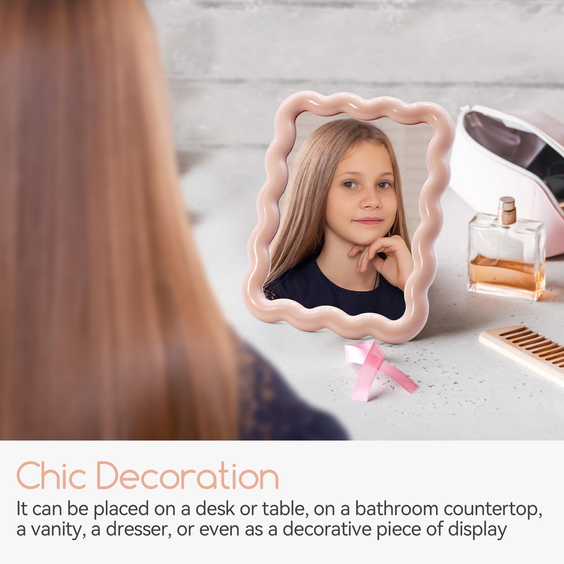 Philbinden Cute Wave-Shaped Desk Vanity Makeup Mirror, Portable Folding Travel Makeup Mirror for Standing/Hanging, Home Decorati