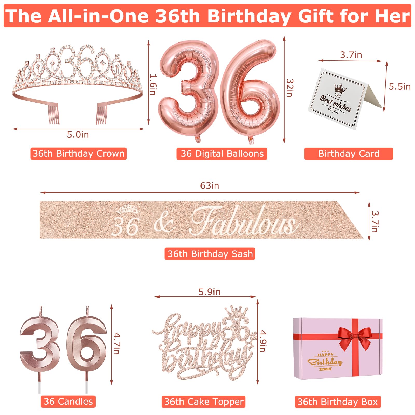 36Th Birthday Decorations For Women Including 36Th Birthday Sash, Tiara/Crown, Candles And Cake Topper, Number 36 Balloons, 36Th