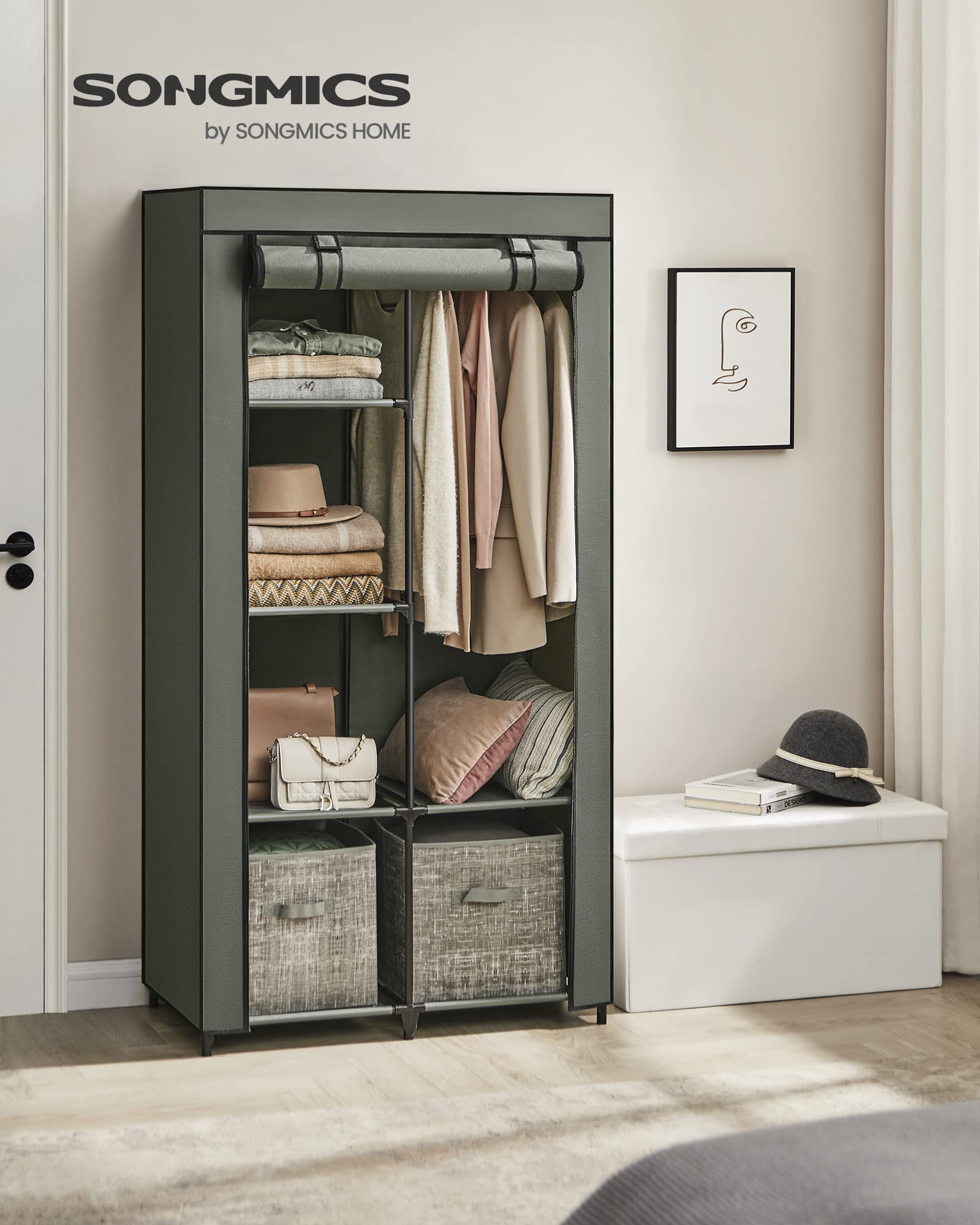 Songmics Portable Closet, 34.6 Inch Large Capacity Wardrobe Closet Organizer With Fabric Cover, Hanging Rods And Shelves, 34.6 X