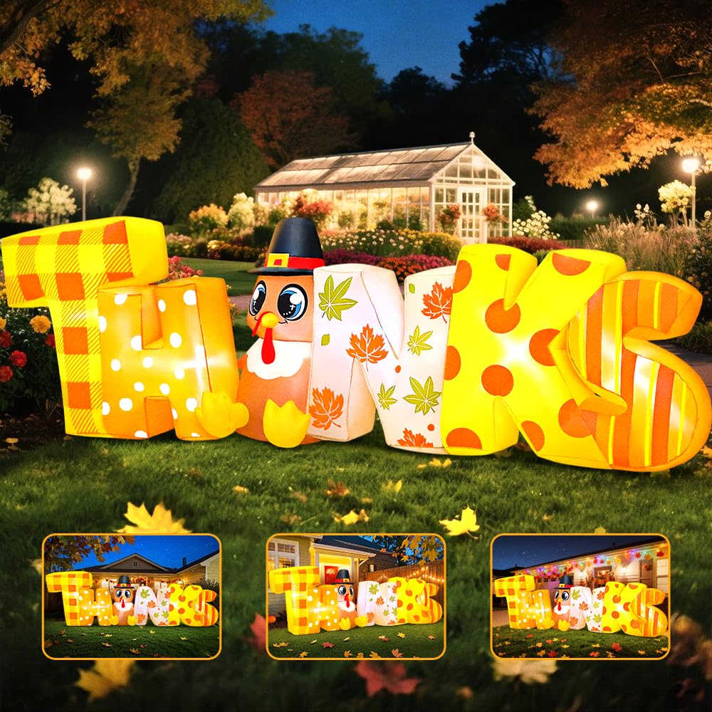 KOOY 8FT Thanksgiving Inflatables Decorations Blow Up Turkey with Thanks Letter Built-in LED Lights for Thanksgiving Festival Au