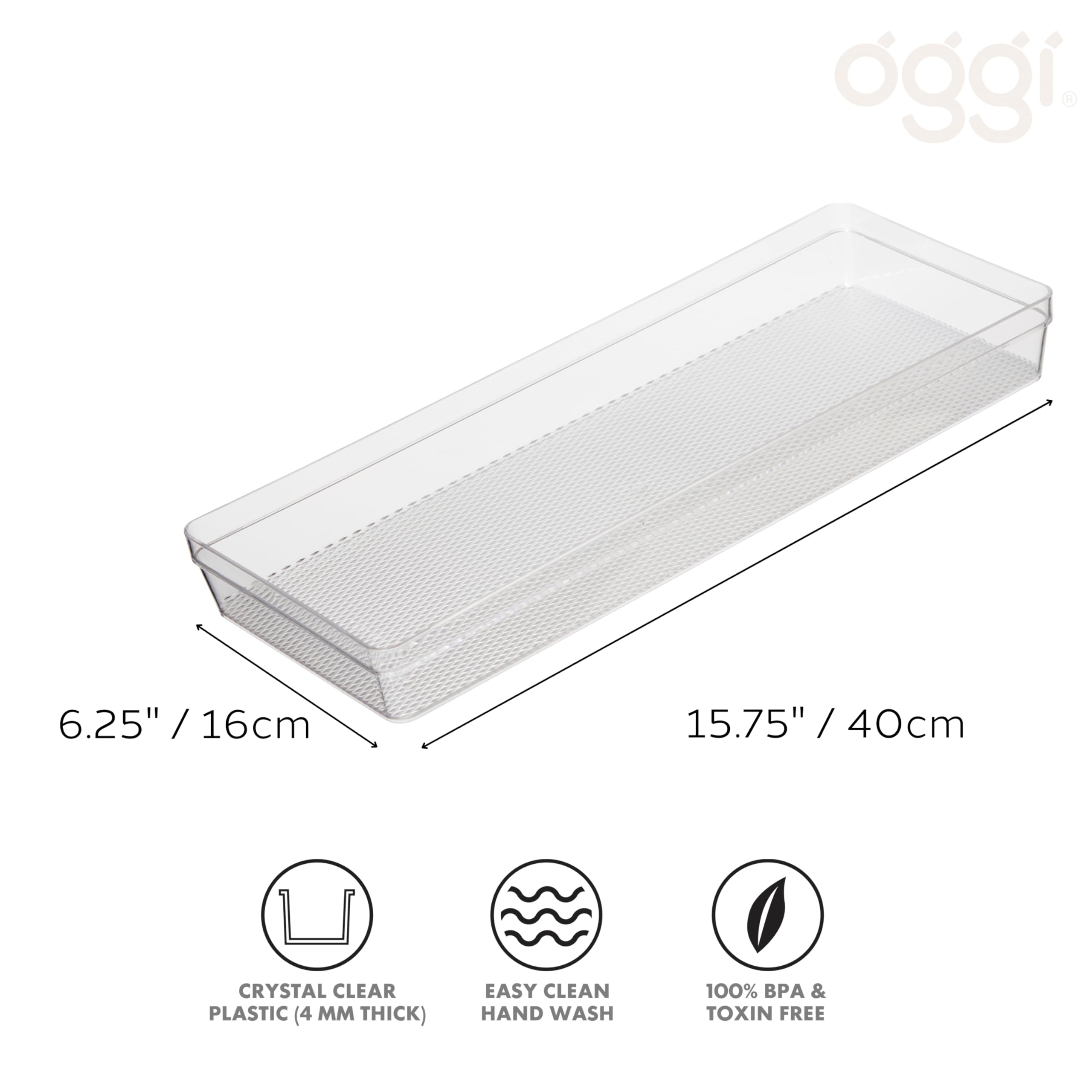Oggi Clear Drawer Organizer - 6.25'' X 15.75'' - Ideal For Organizing Kitchen Drawers, Office, Desk, Silverware, Kitchen Utensil