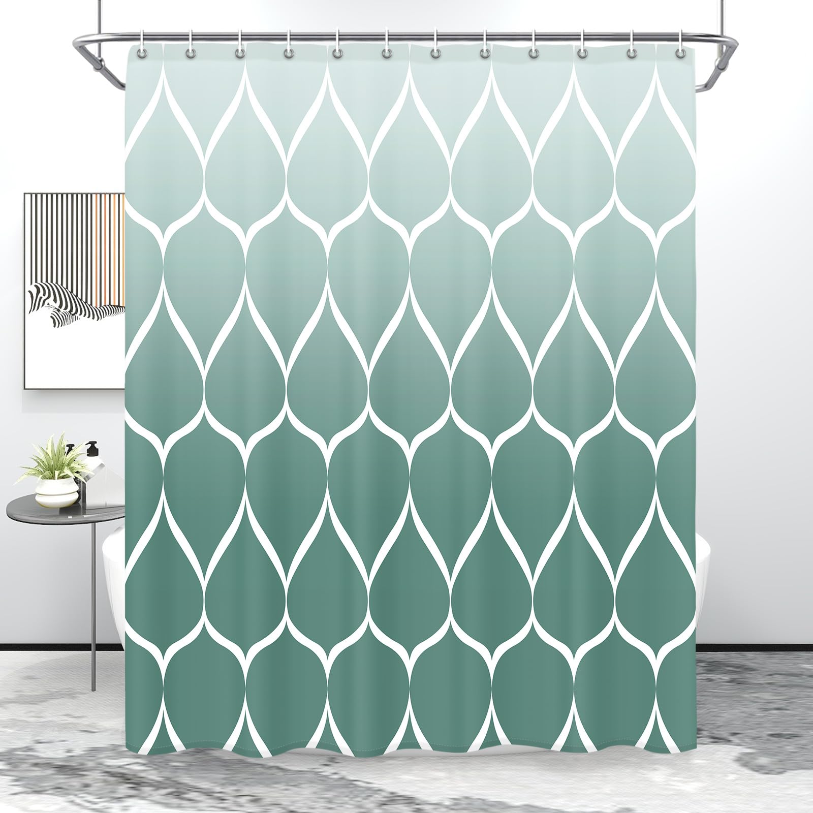 Gelbchu Ombre Teal Fabric Shower Curtain, Waterproof Design And Polyester, Quick-Drying, Weighted Hem, Shower Curtains Set For B