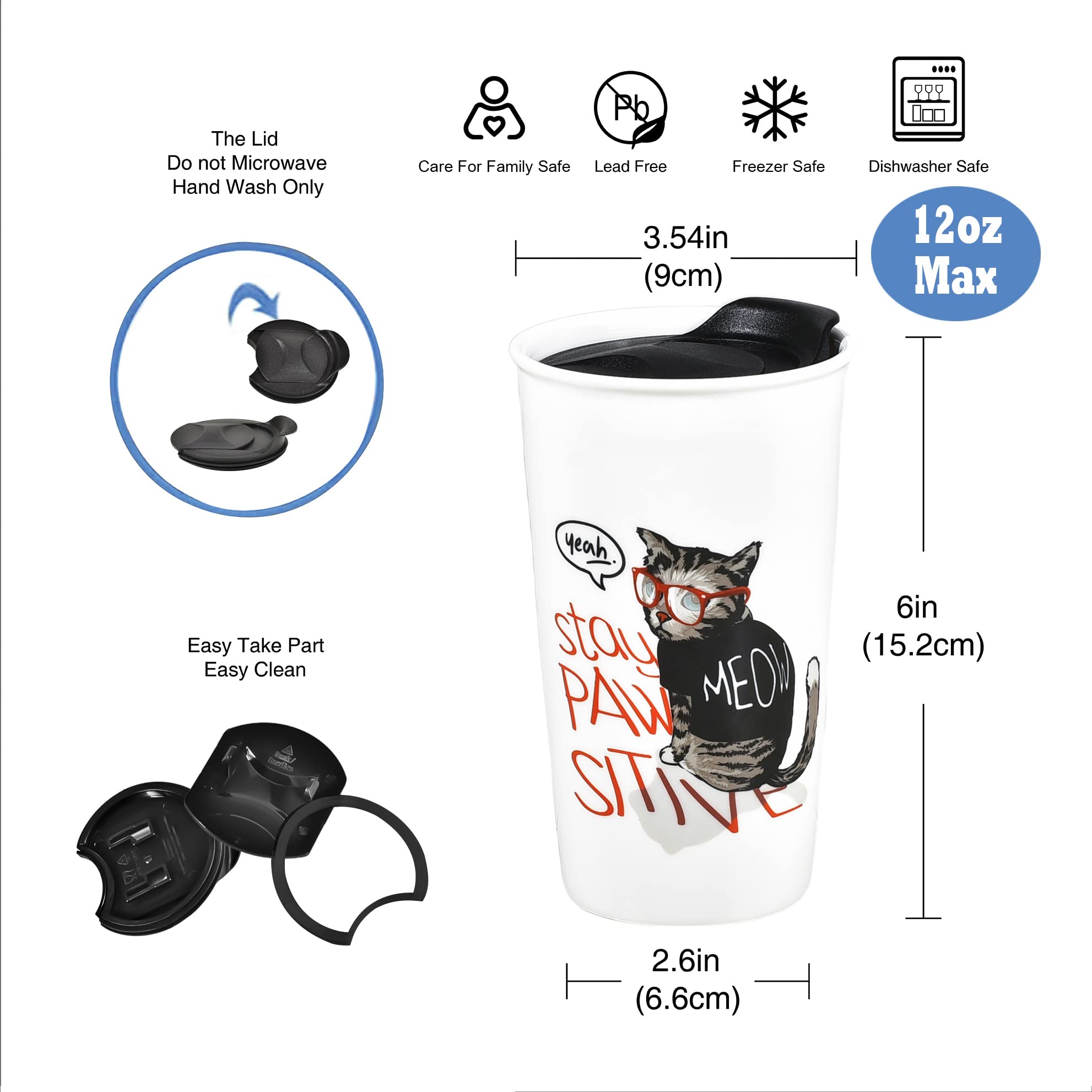 Cute Cat Mug For Cat Lovers, To Go Coffee Cup With Splash Proof Lid, Double-Wall Ceramic Funny Travel Car Mugs 12 Ounce, Meow Pe