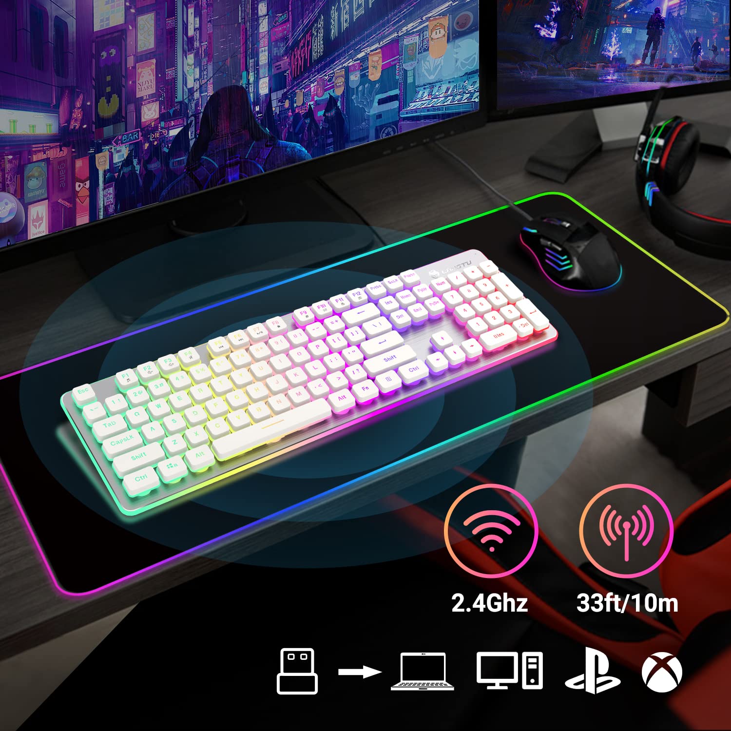 Langtu W1 Wireless Gaming Keyboard, Rechargeable 24G Rainbow Backlit Led Keyboard With Metal Panel, 104 Keys Wireless Computer K