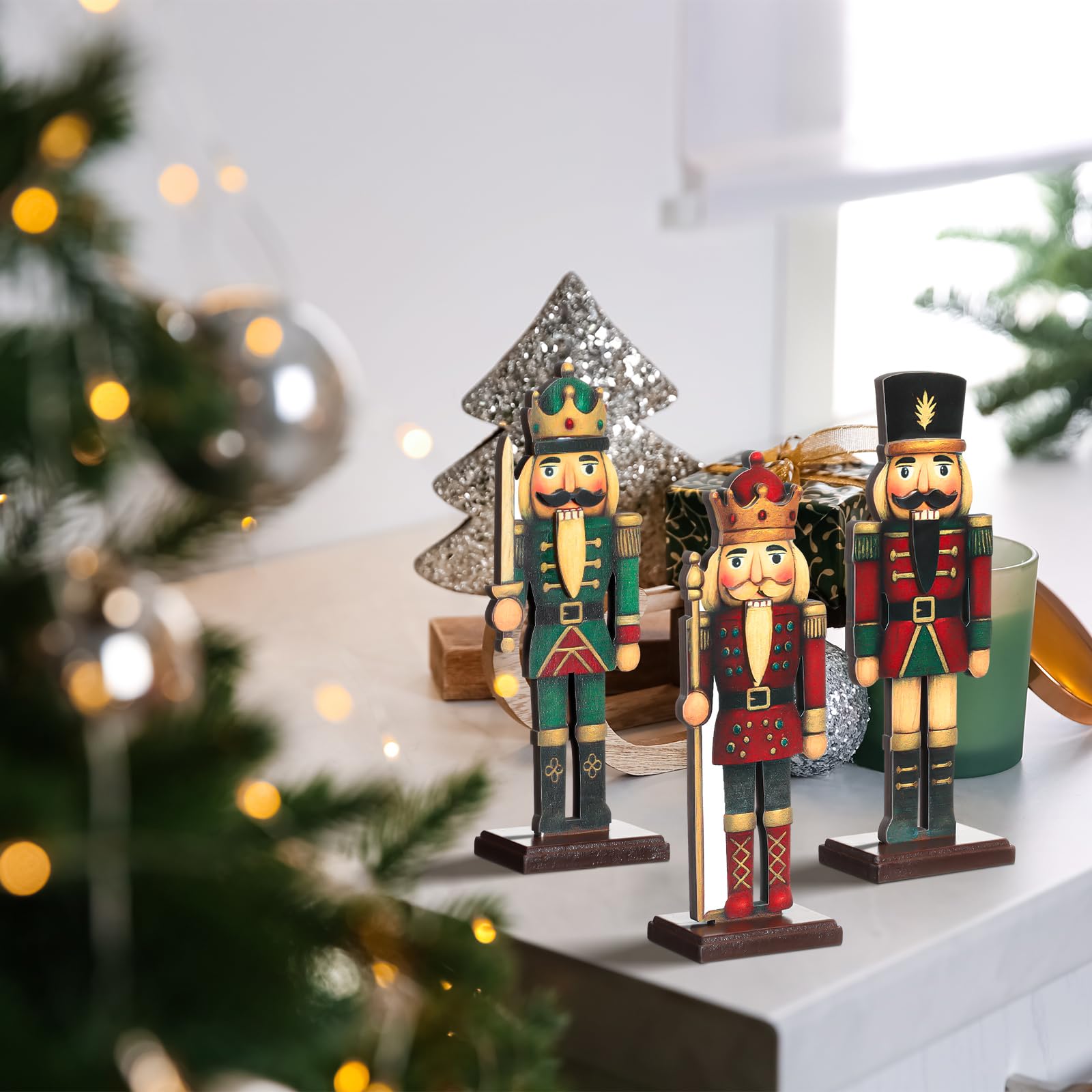 Thyle 3 Pcs Christmas Nutcracker Soldier 7 in Wooden Traditional Christmas Nutcrackers Figures Wood Veneer Vintage Xmas Tabletop