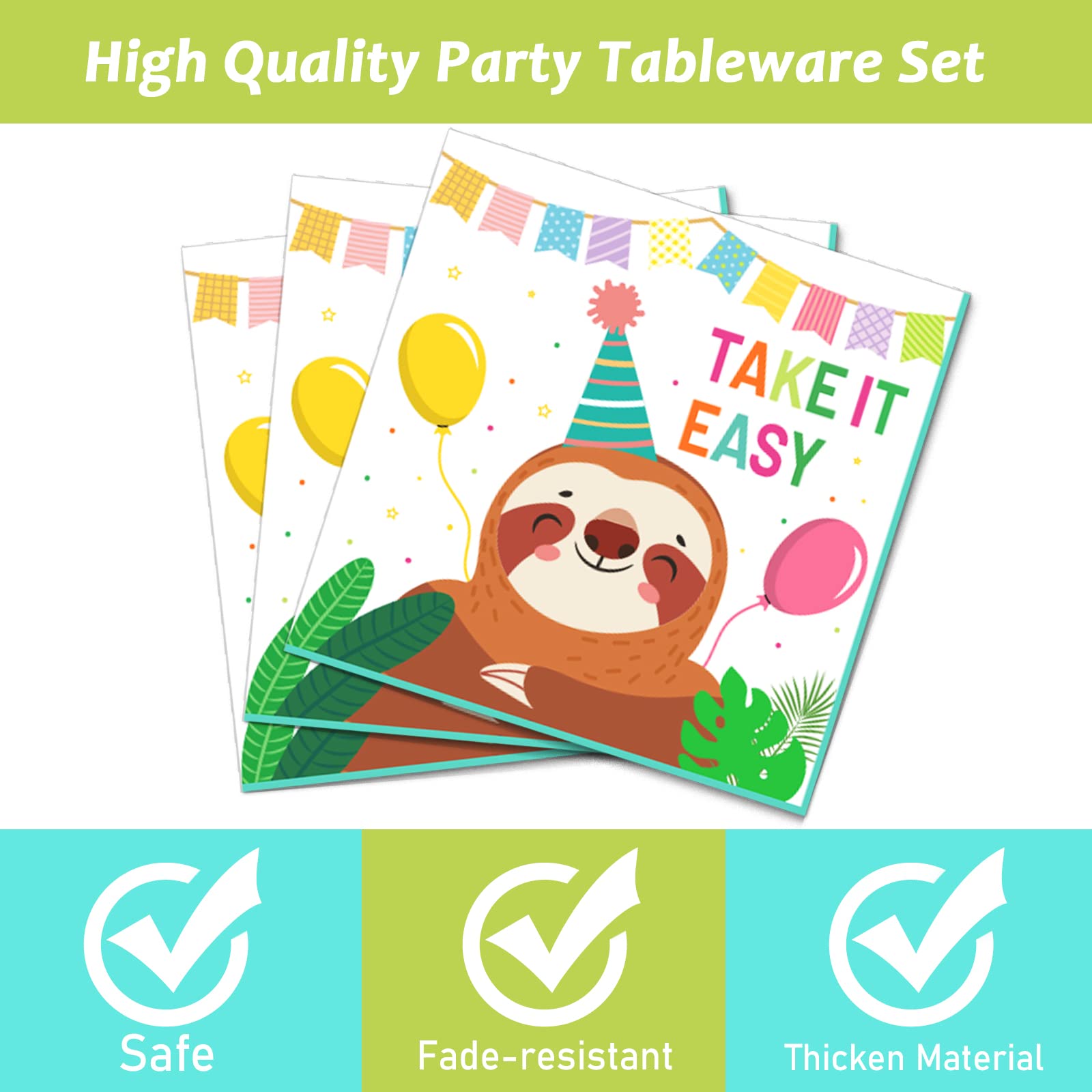 96 Pcs Sloth Animal Party Supplies Sloth Birthday Party Tableware Set Sloth Hanging Decorations Kids Sloth Themed Baby Shower Bi