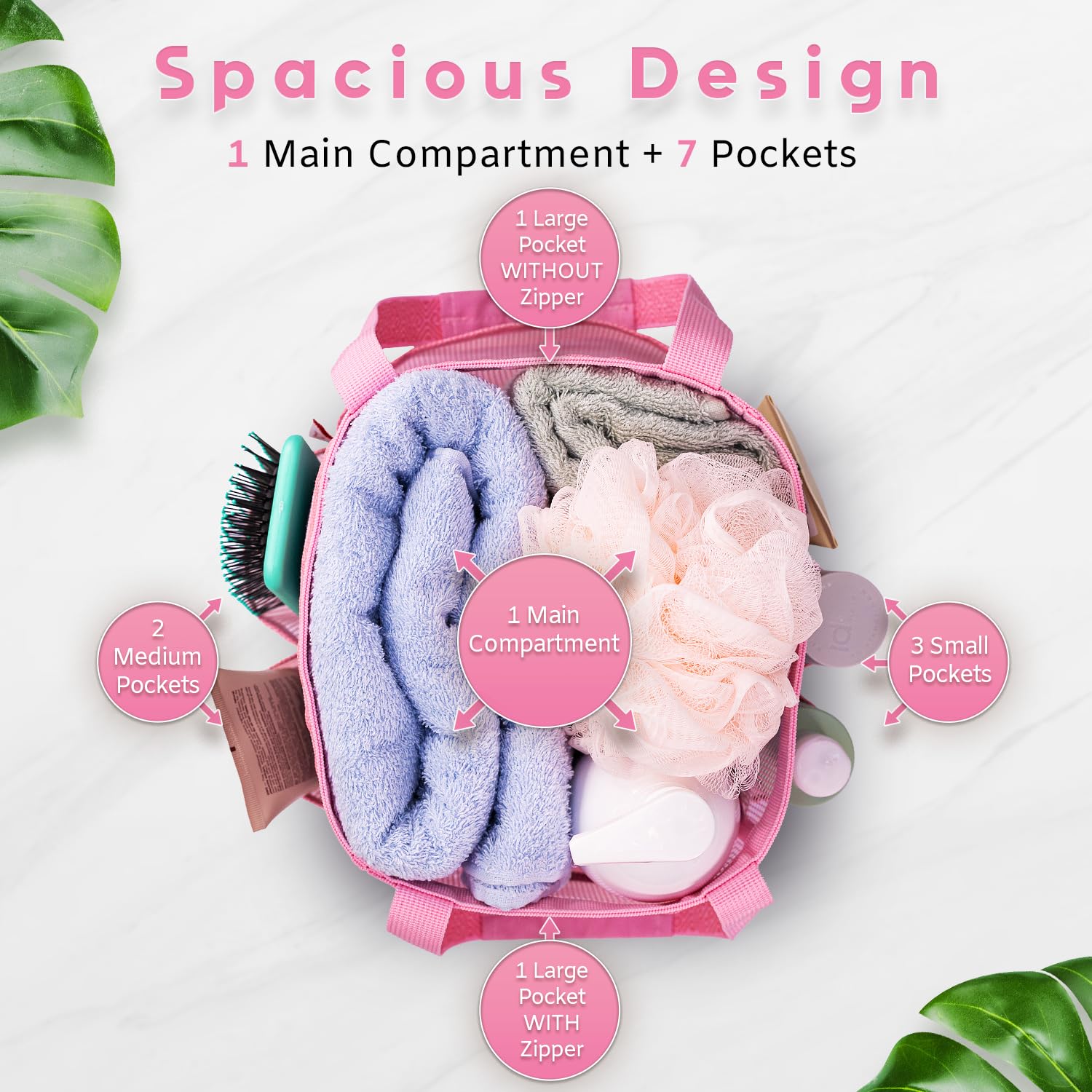 Dv Lifestyle Mesh Shower Caddy Dorm, 7 Pockets & 1 With Zipper, Shower Tote With Padded Handles, Travel Shower Caddy Portable, S