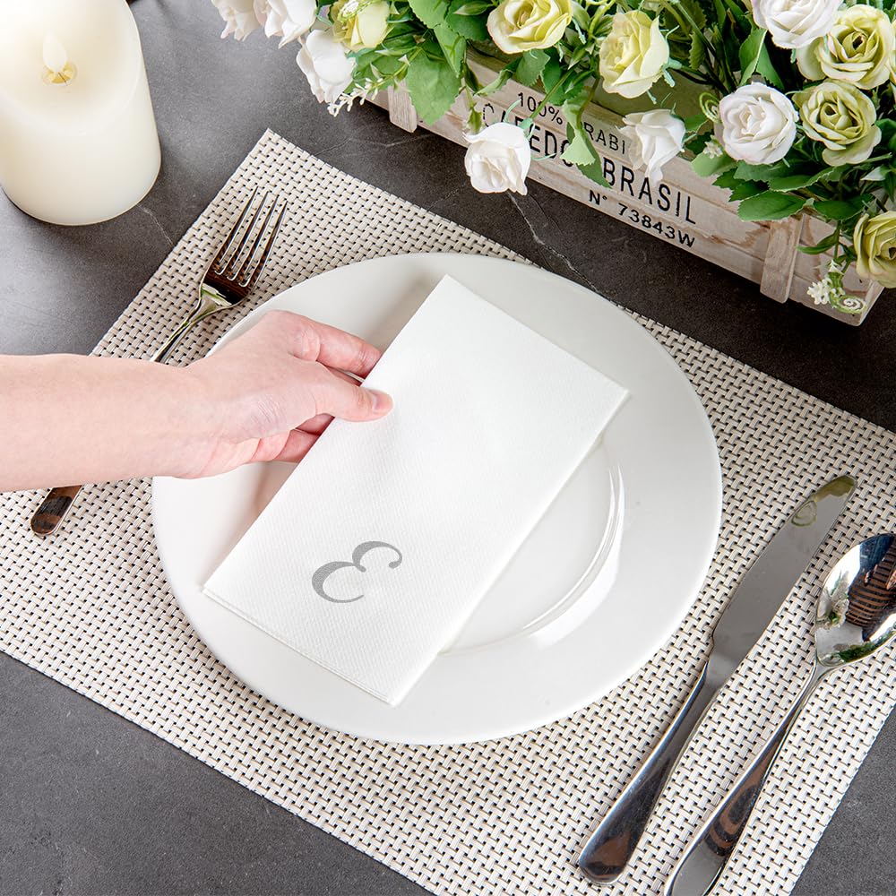 Luxenap 15.8 X 7.9 Inch Linen-Feel Guest Towels, 2000 Lettered Hand Towels - Silver Letter 'E', Cursive Font, White Paper Dinner