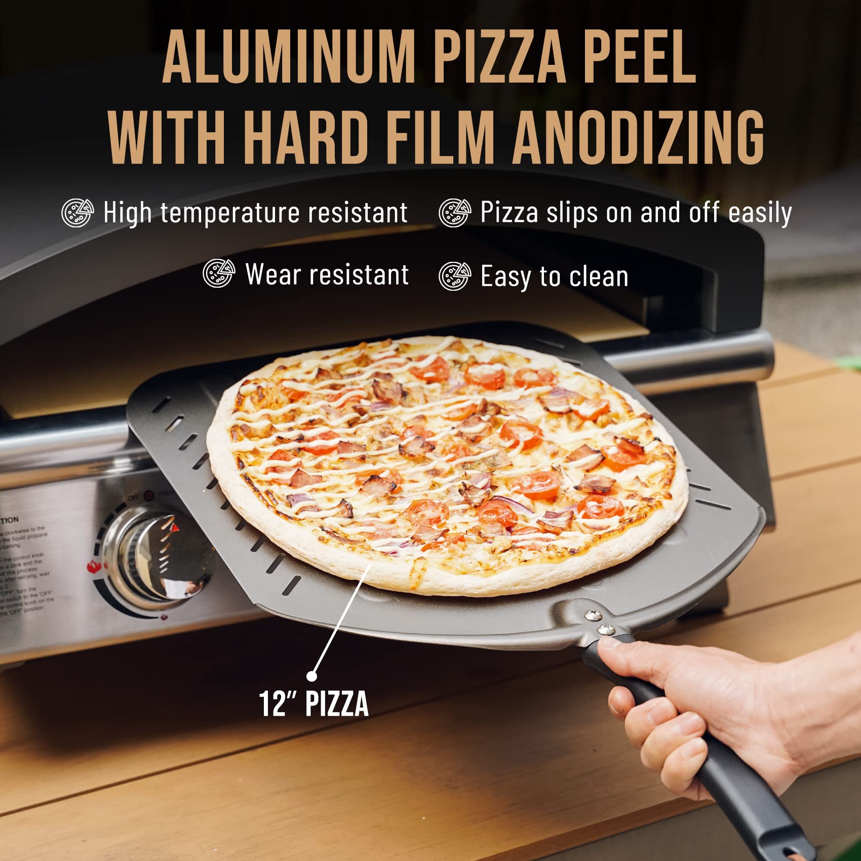Q Pizza Aluminium Perforated Pizza Peel 14 Inch, Non-Stick Pizza Turning Paddle Pizza Oven Accessory, Extra Large Metal Pizza Sp