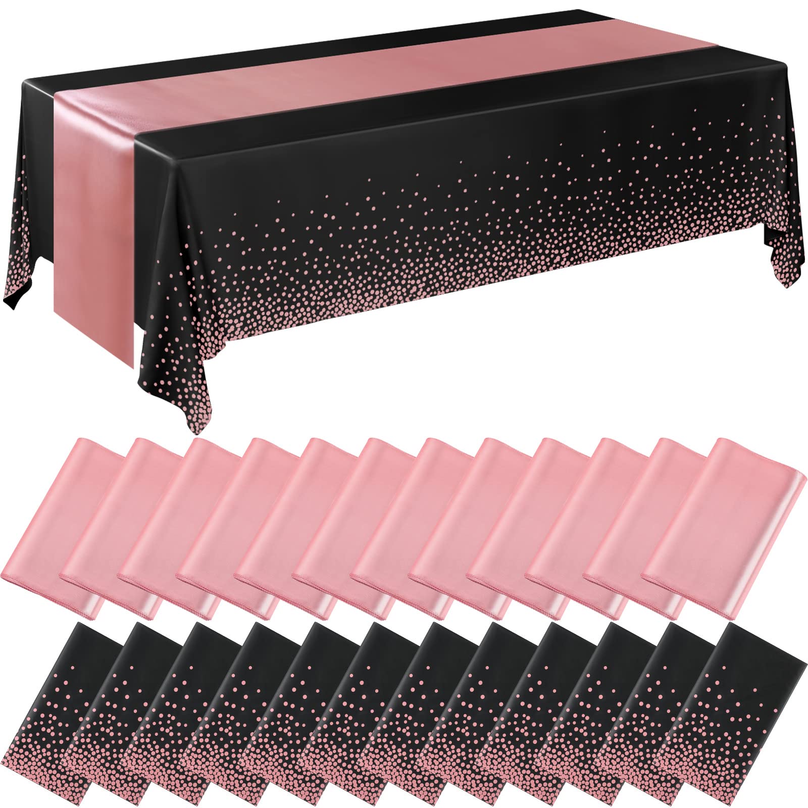 Breling 24 Packs Black and Rose Breling Disposable Plastic Tablecloths and Satin Table Runner Set, 54 x 108 Inch Tablecloth, 12 