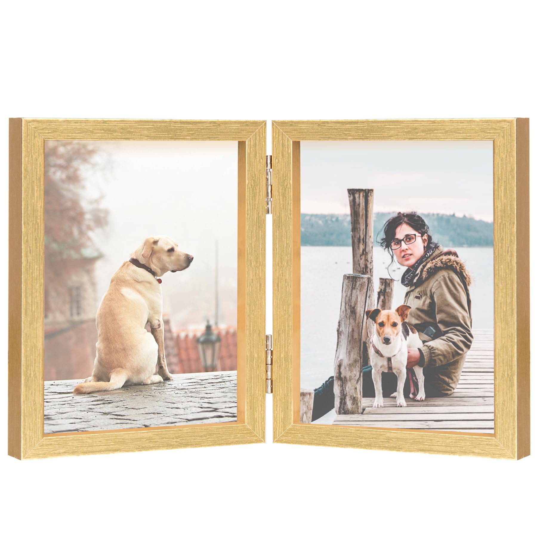 8x10 Double Picture Frame Wooden Hinged Photo Frame Definition Glass Stand Vertically on Desktop or Tabletop Gold