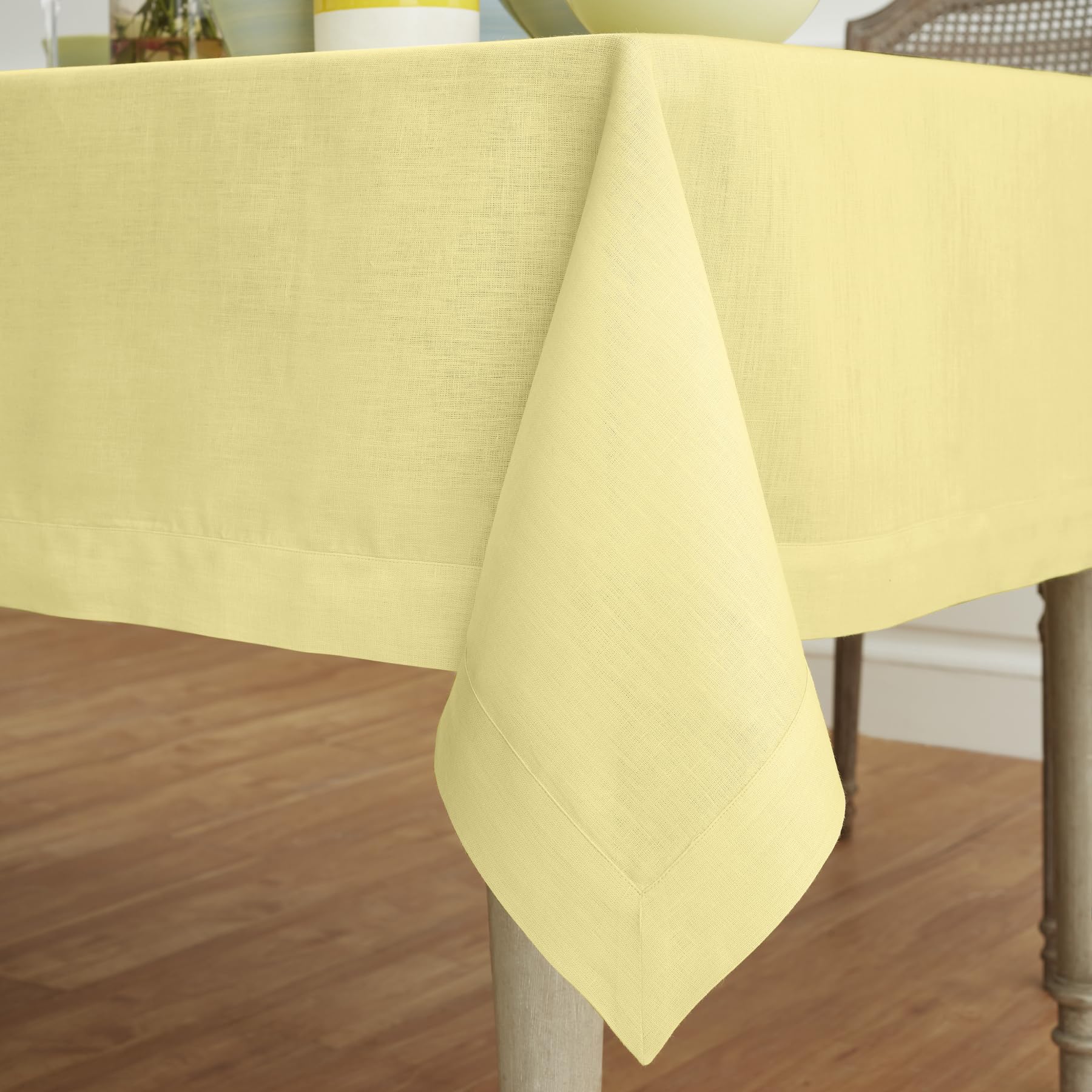 Solino Home Yellow Linen Tablecloth 132'' L X 60'' W Inch - Fete, 100% Pure Linen Table Cloth For Rectangle Tables - Machine Was