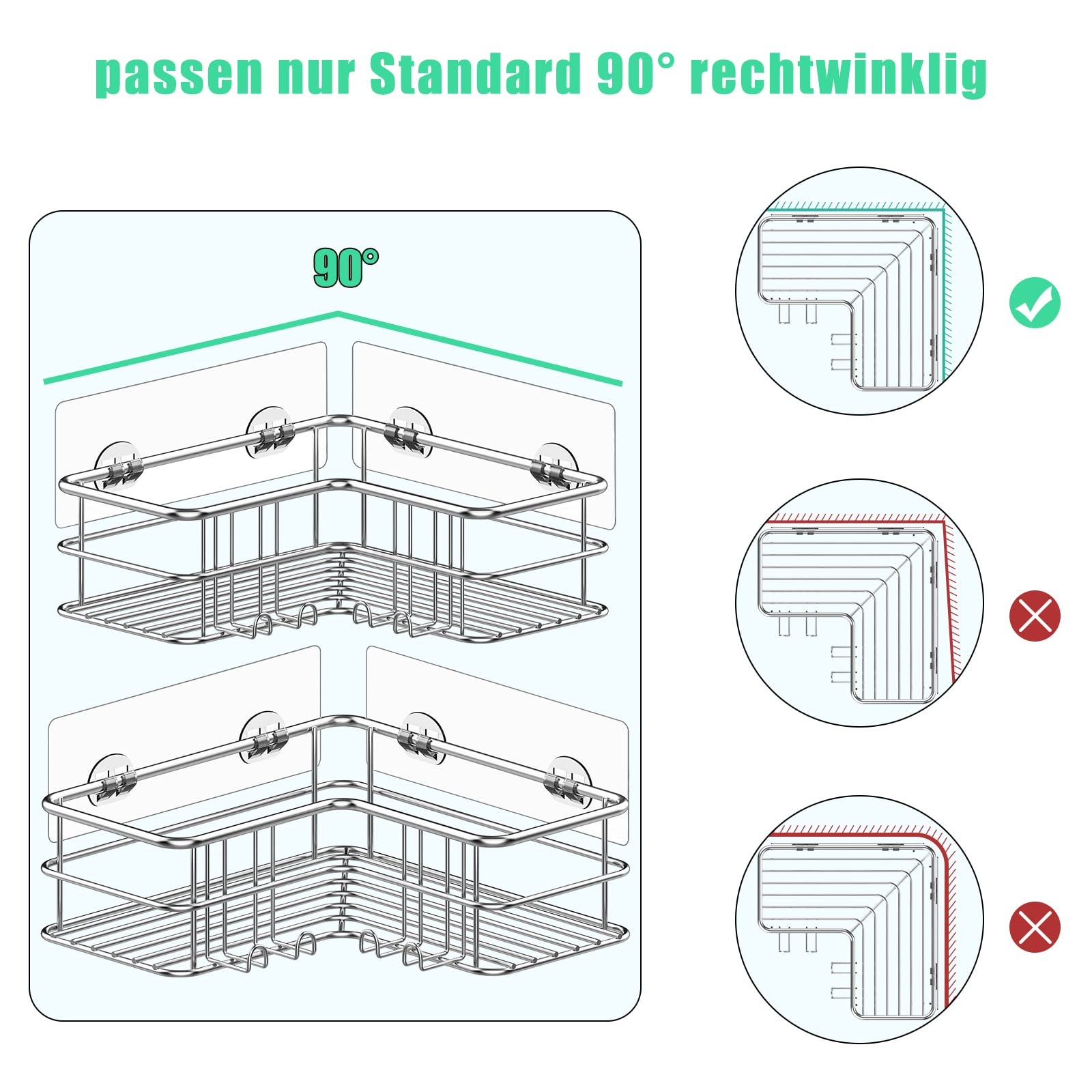 Menbyci Corner Shower Caddy  Adhesive Shower Shelf with Hooks  Stainless Steel Rustproof Bathroom Storage Organizer  No Drilling Shower Shampoo Holder Wall Mounted  2-Pack