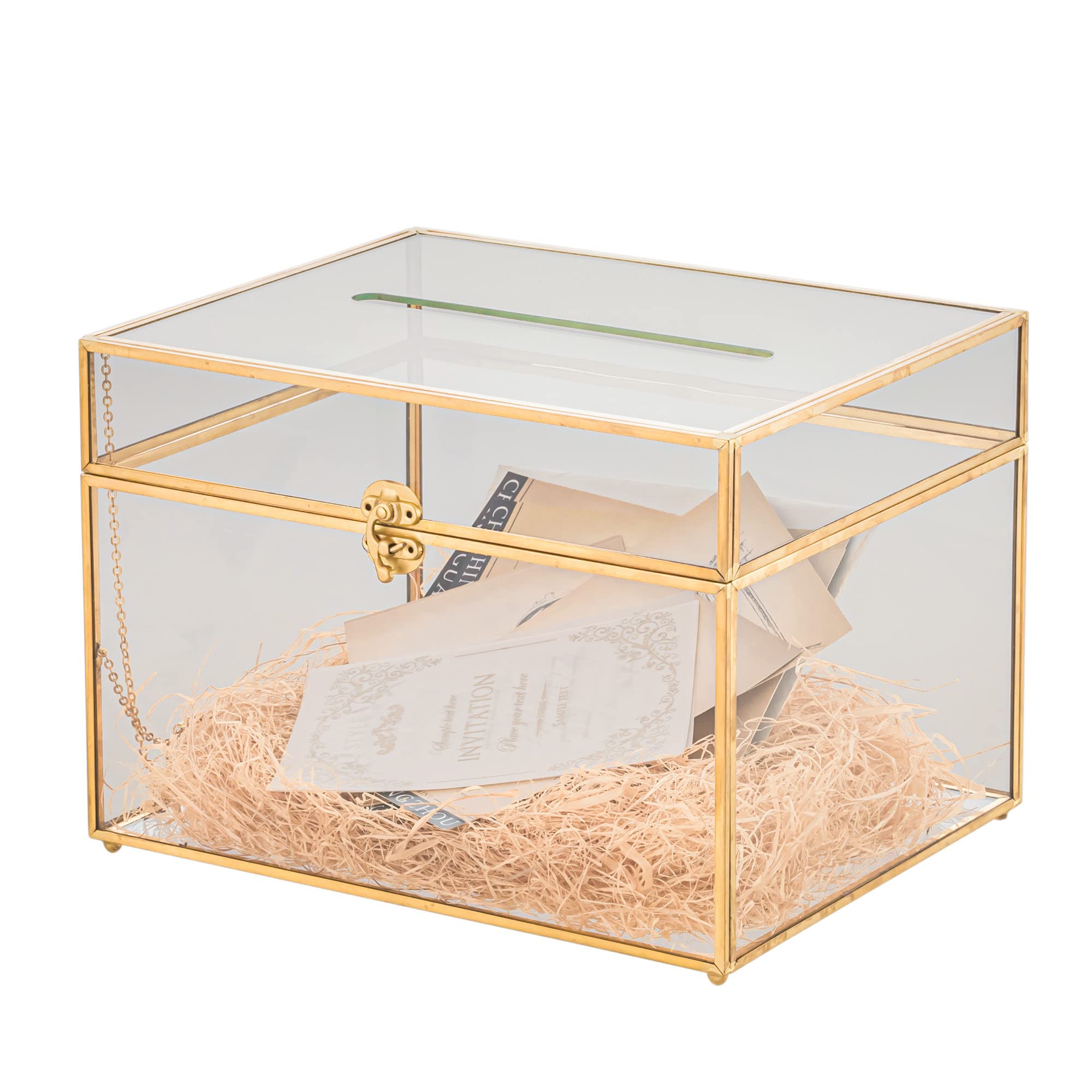 NCYP Large Glass Wedding Cards Box with Slot for Party Reception, 12 x 9.4 x 8.4 Home Tabletop Clear Decor, Gold Centerpiece, Ke