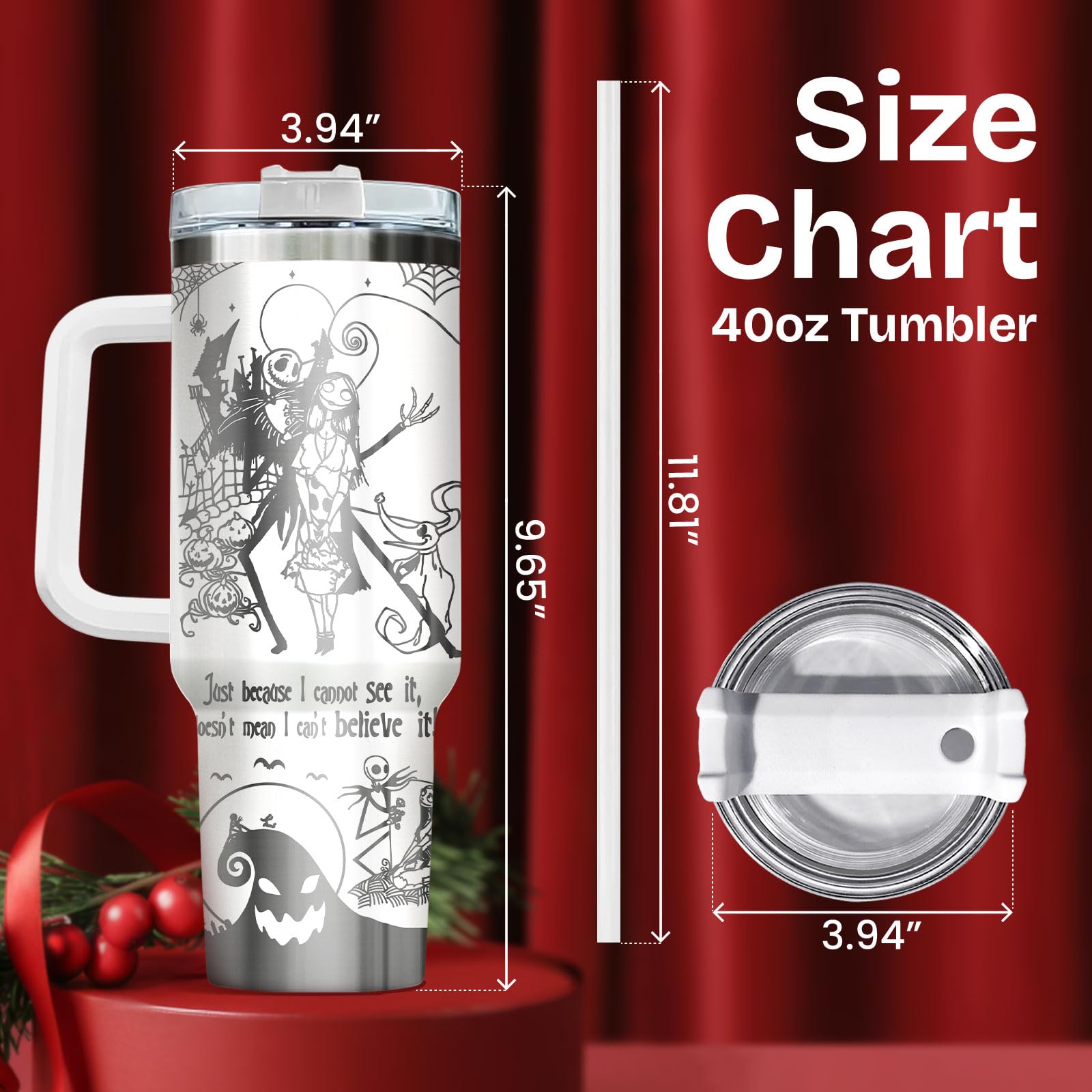 GEPOSTORE Spooky Christmas Tumbler - 40 oz Laser Stainless Steel Mug with Handle - Nightmare Halloween Movie Cup Gift for Fans o