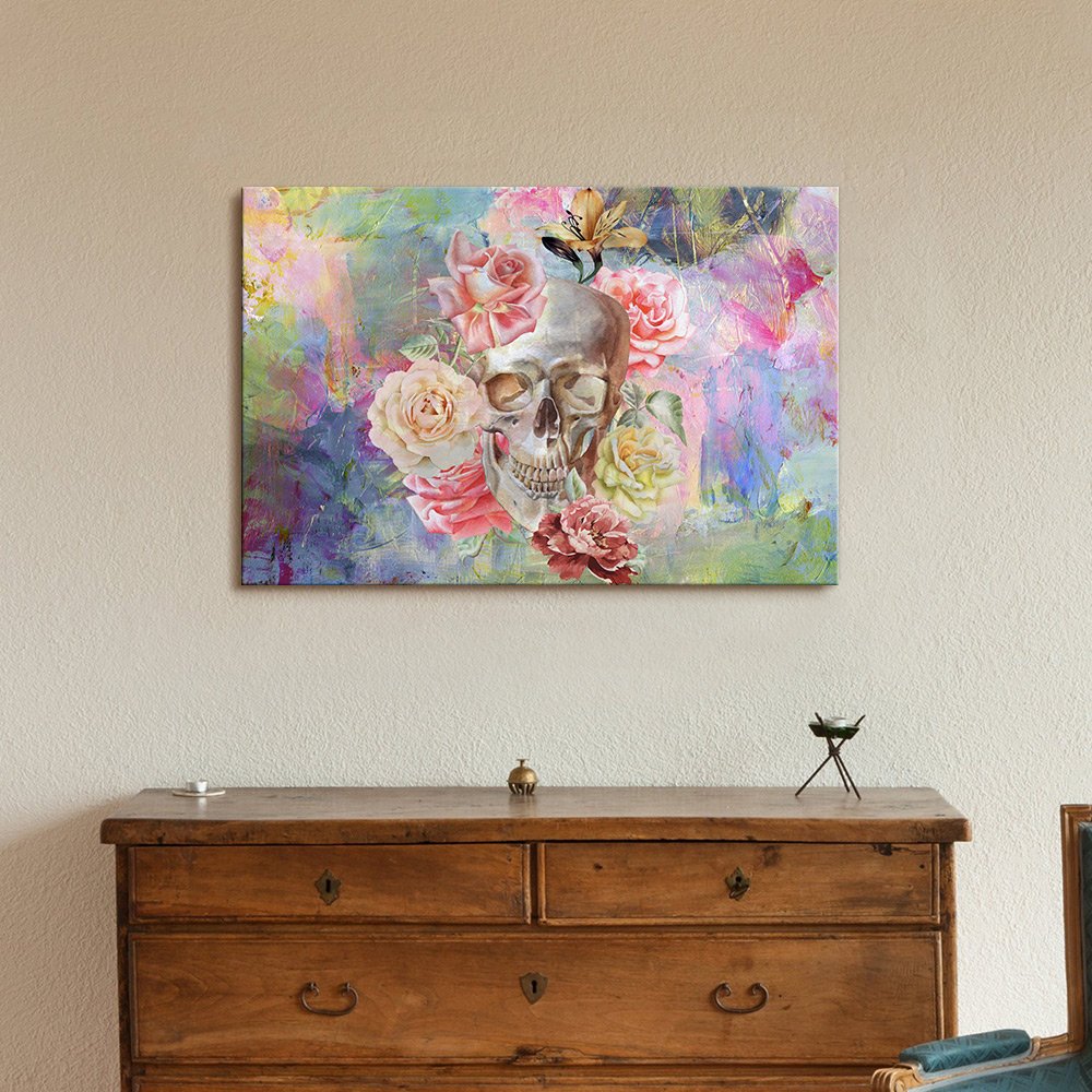Wall26 - Canvas Print Wall Art - Skull And Roses On Abstract Background - Gallery Wrap Modern Home Art | Ready To Hang - 32X48 I