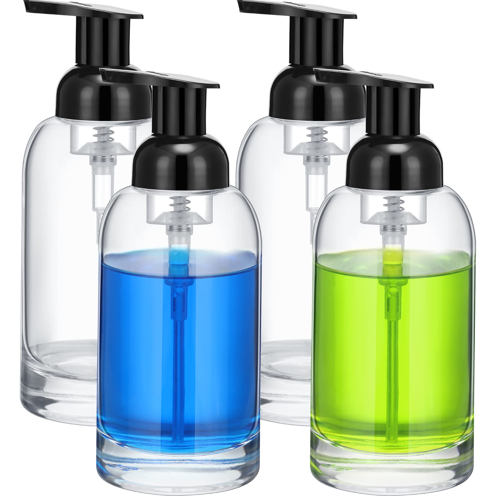 Eccliy 4 Pack 13 Oz Clear Glass Jar Soap Dispenser With Foaming Pump, Clear Thick Hand Liquid Dish Soap Dispenser Round Bottles