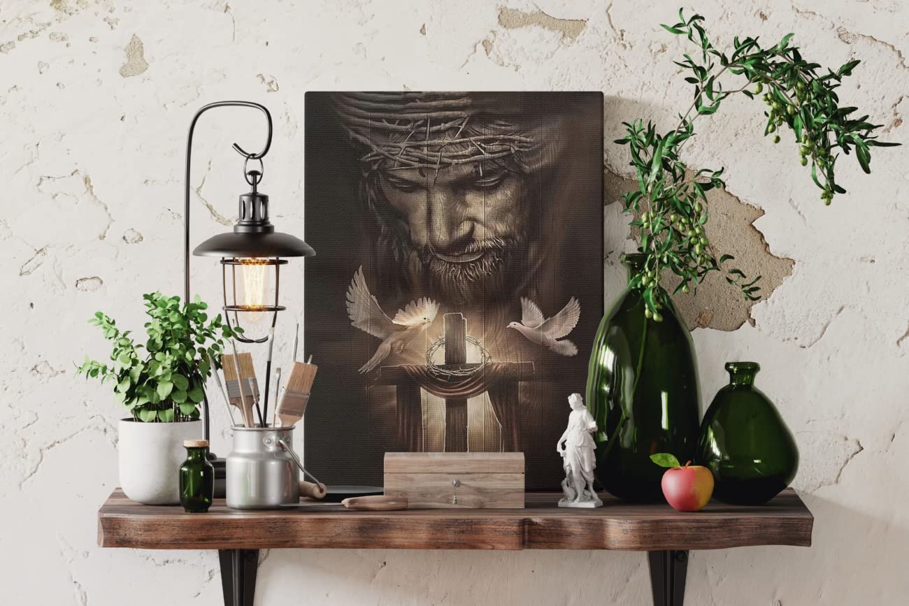 Fchen Art Christian Jesus Lion Canvas Wall Art Jesus And The Cross And The Dove Of Peace Wall Decor Jesus Artwork Christian Wall