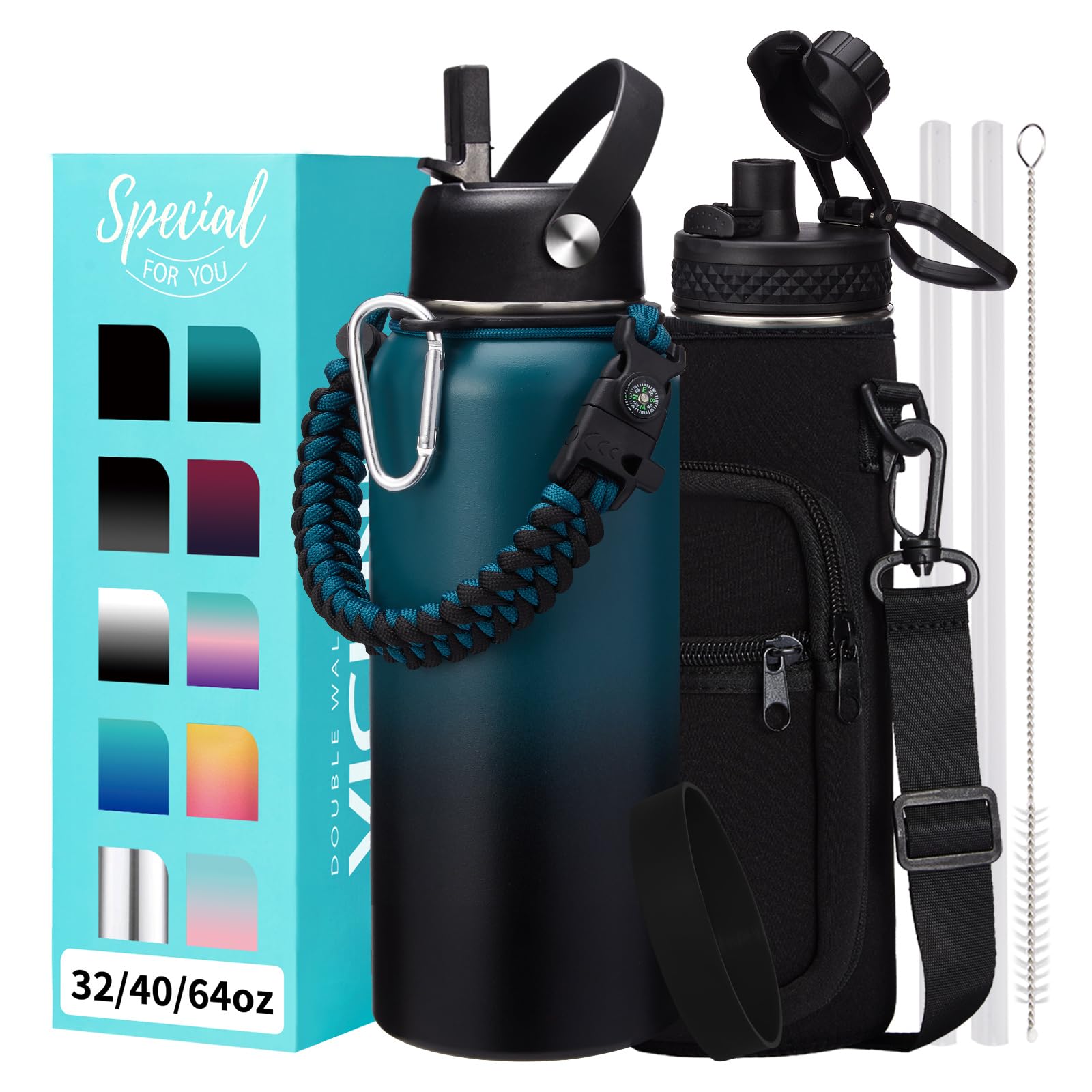 32 oz Insulated Water Bottles - with Straw & Flip Auto Lid  Stainless Steel Water Bottle Shoulder Carrier Bag  Silicone Boot  BPA-Free Metal Water Bottle with Handle Paracord  Sport Gym Mug Flask