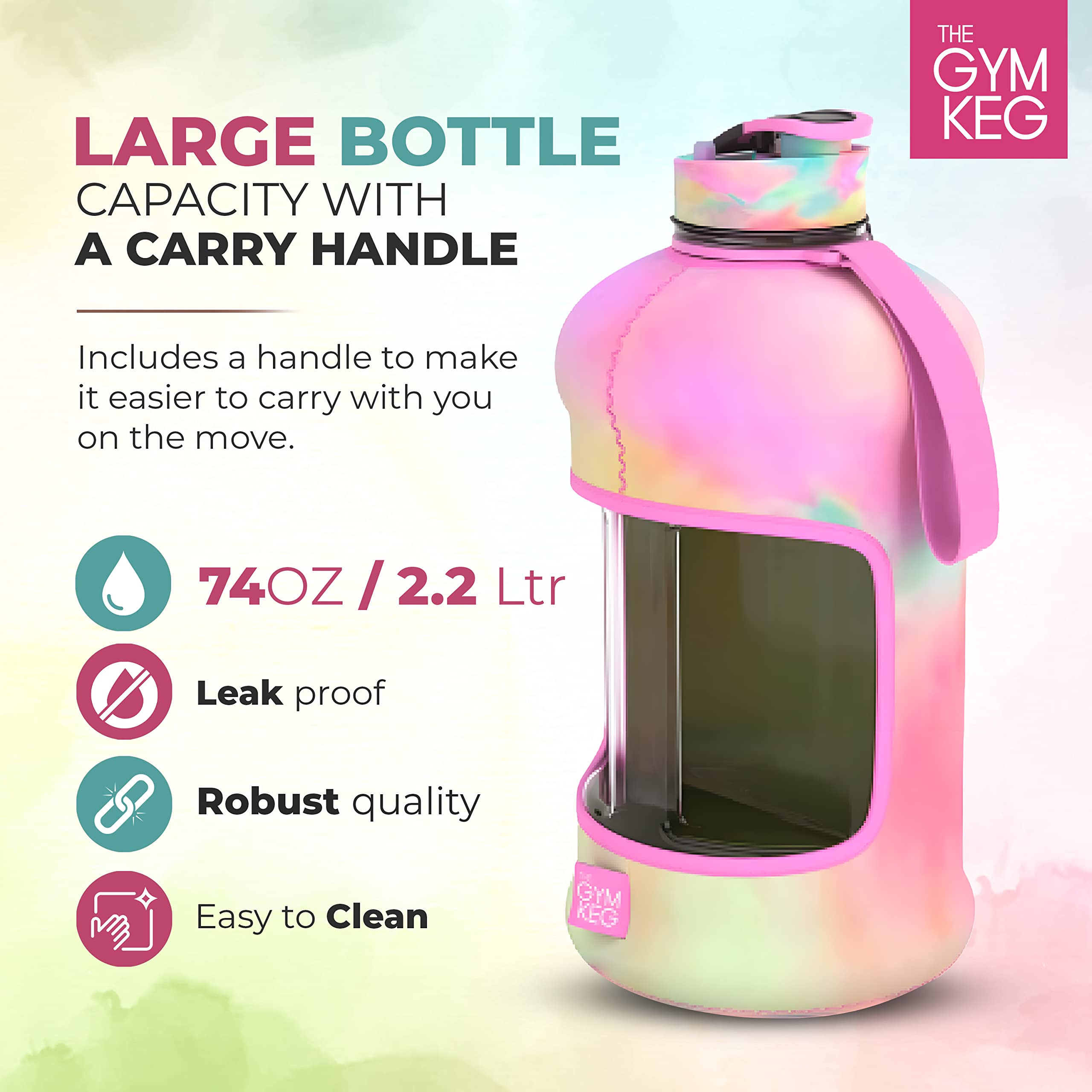 THE gYM KEg Sports Water Bottle (22 L)  Half gallon  carry Handle  Big Water Jug for Sport  Large Reusable Water Bottles  Ecofriendly  Tritan BPA Free Plastic  Leakproof (Love Tie Dye)