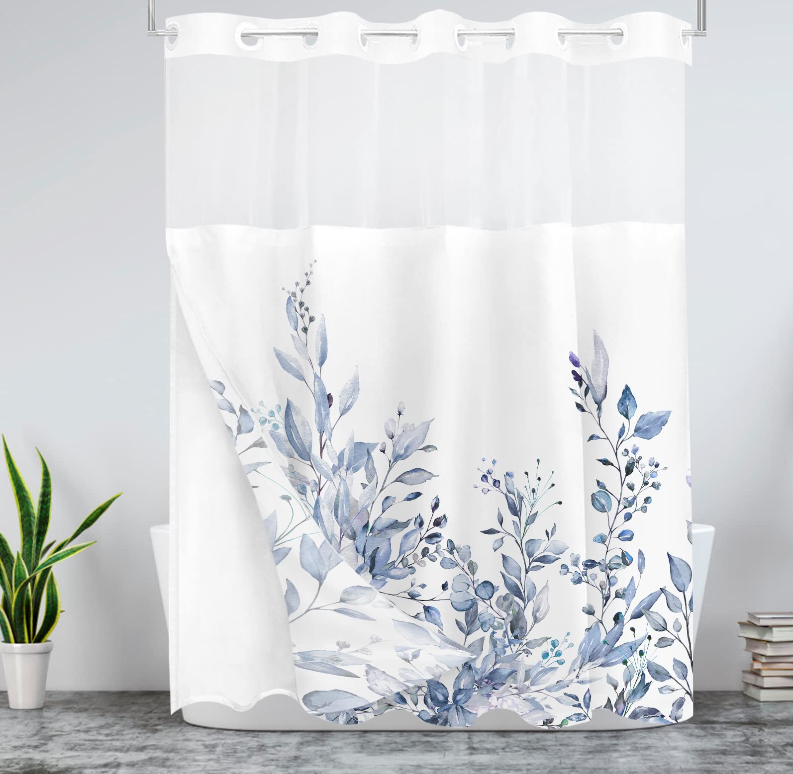 Tititex No Hooks Snap In Liner Serenity Lake Blue Eucalyptus Leaves Shower Curtain Sets, Hotel Luxury Double Layers Waterproof F