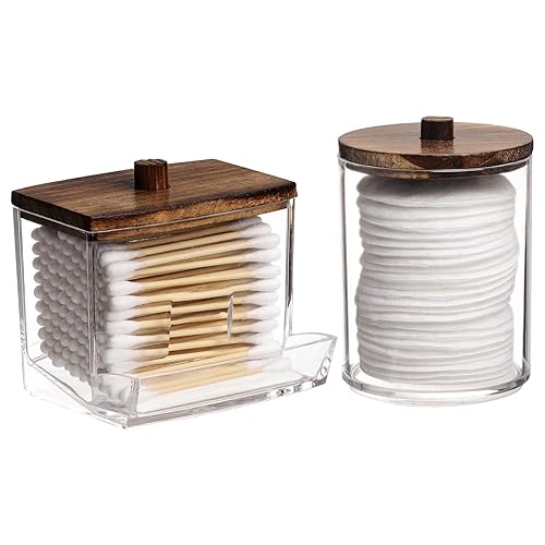 Tbestmax Qtips Holder Bathroom Container with Brown Wood Lids  10/7 OZ Cotton Ball/Swabs Dispenser  Apothecary Organizer Jar for Storage 2 Pcs