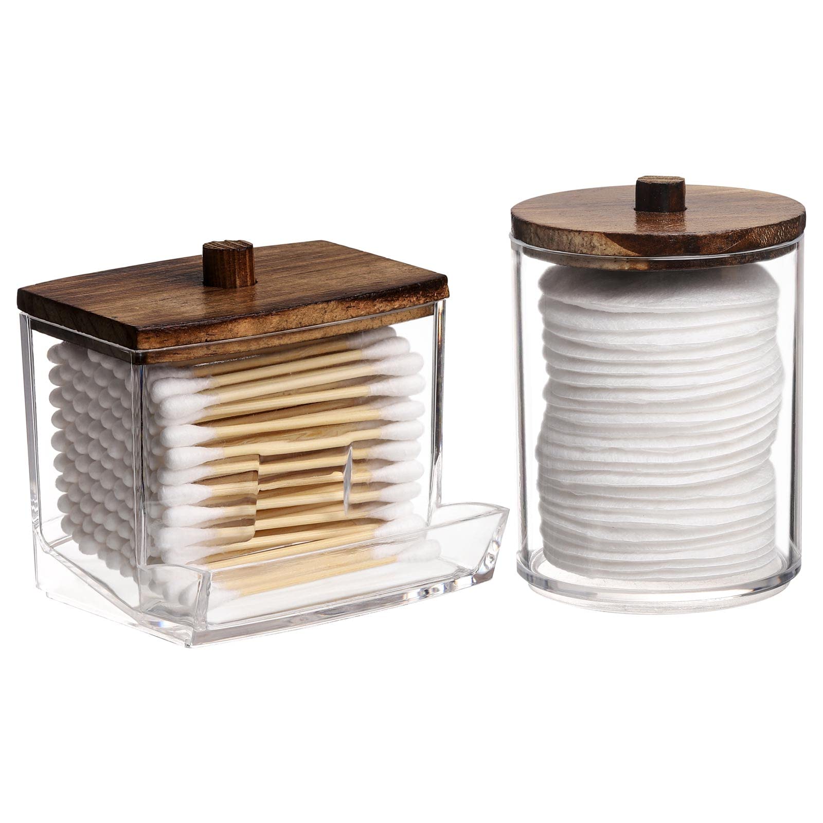 Tbestmax Qtips Holder Bathroom Container With Brown Wood Lids, 10/7 Oz Cotton Ball/Swabs Dispenser, Apothecary Organizer Jar For