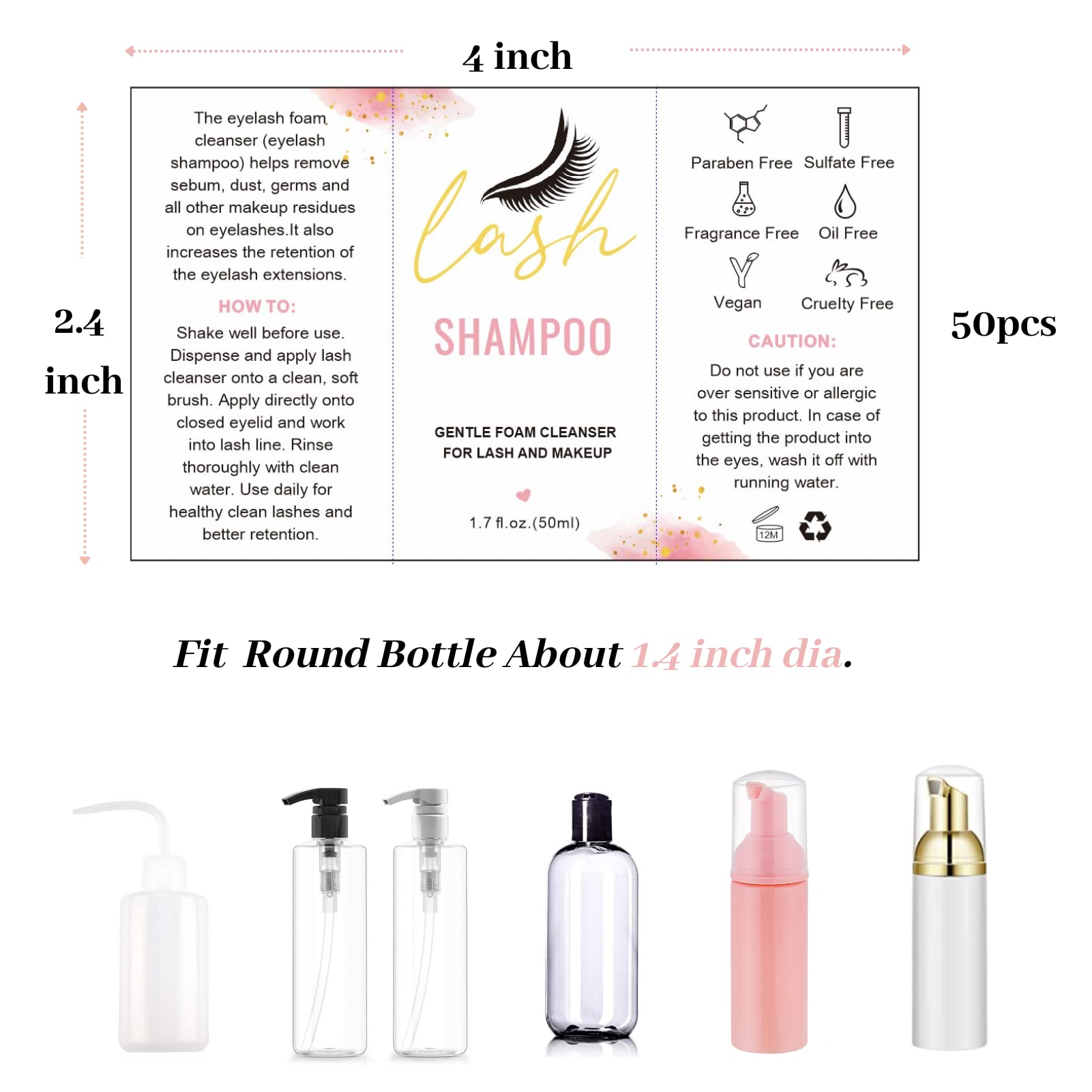 Lash Shampoo Label Stickers For Bottle 50Pcs Eyelash Extensions Bath Wash Labels For Foam Pump Dispenser (4 * 2.4    , White)