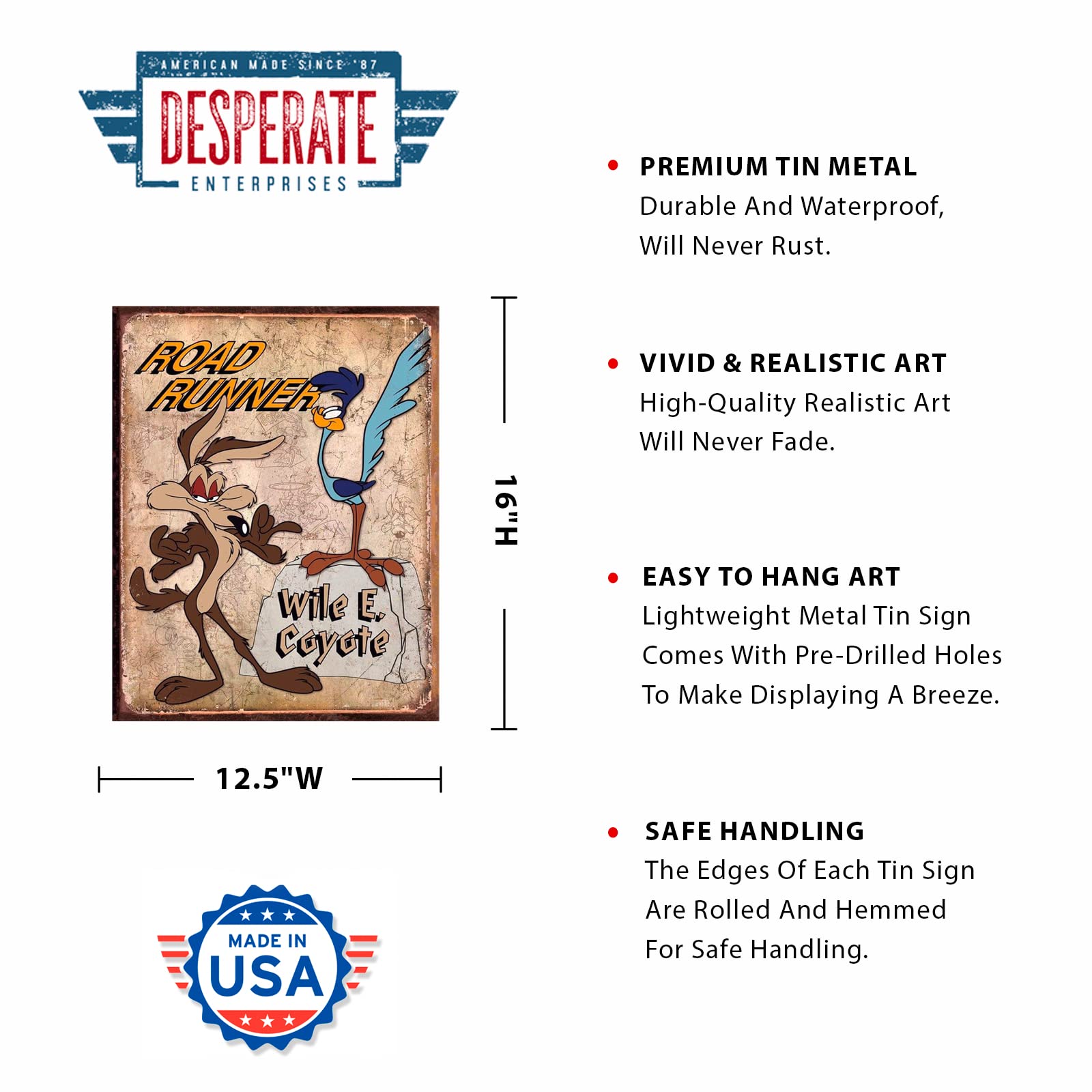 Desperate Enterprises Road Runner & Wile E Coyote Tin Sign - Nostalgic Vintage Metal Wall Decor - Made in USA