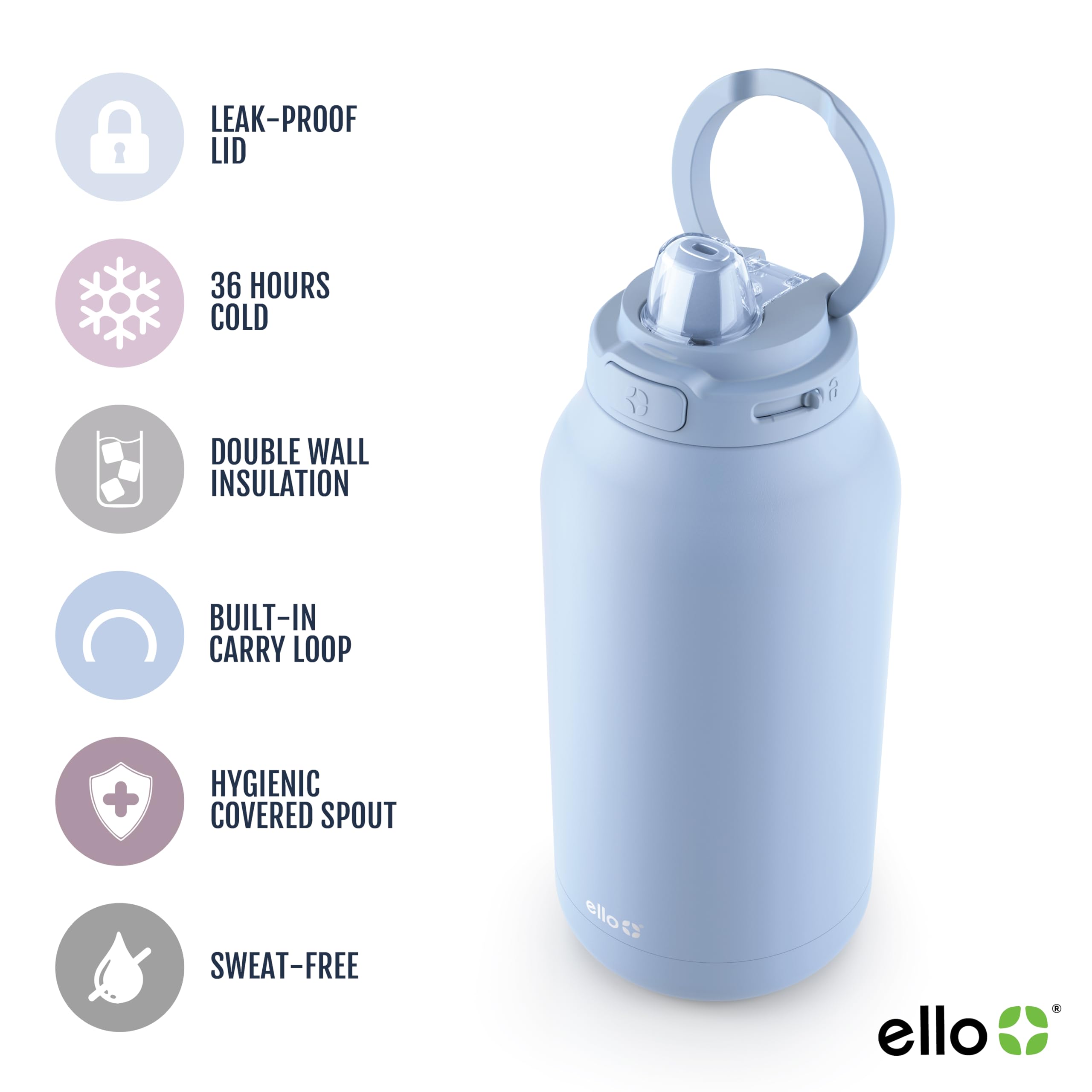 Ello Hydra Half Gallon Vacuum Insulated Stainless Steel Jug With Locking, Leak-Proof Lid And Soft Silicone Straw, Metal Reusable