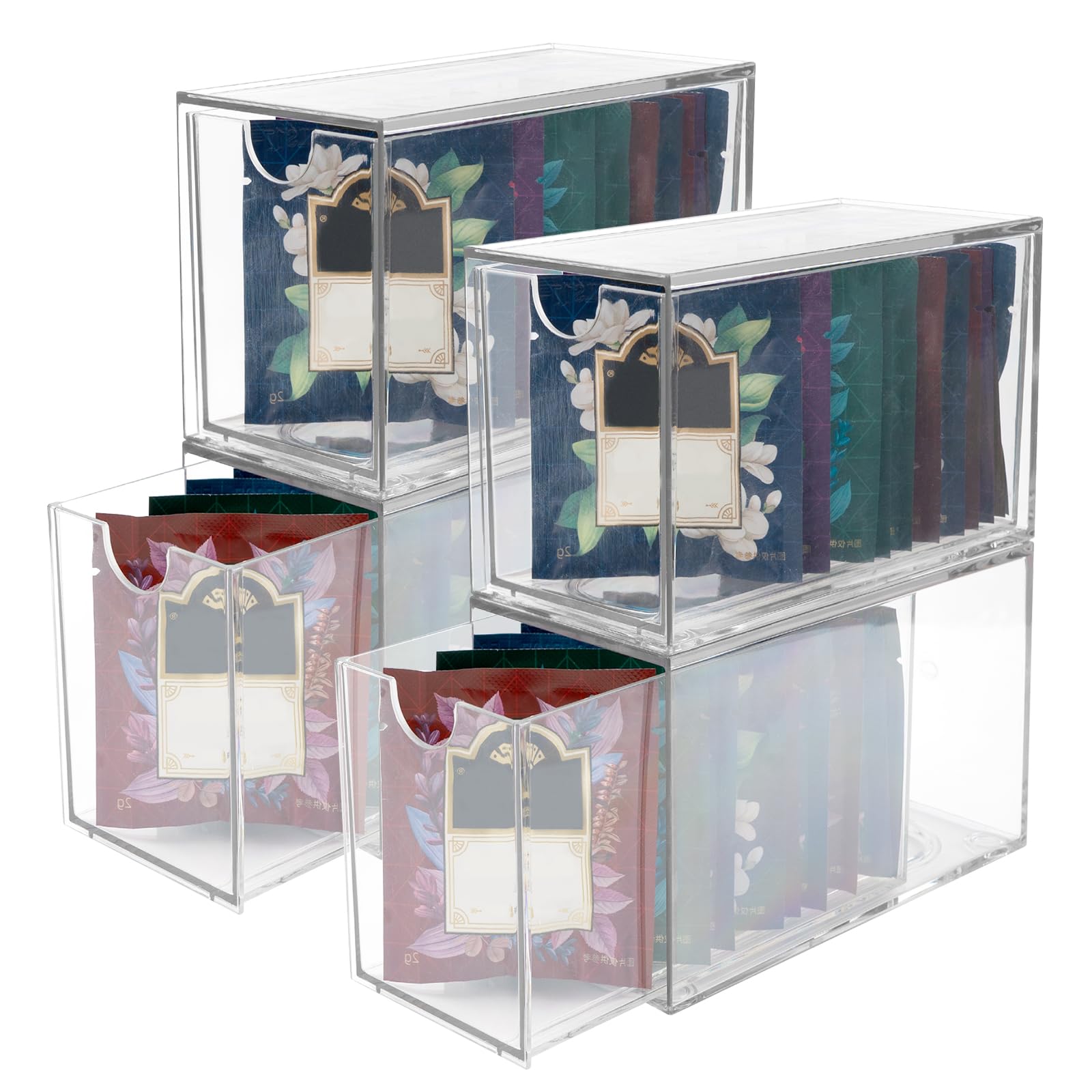 4 Pack Tea Bag Drawers Organizer, Clear Plastic Stackable Tea Bag Storage Holder For Kitchen - 3'' X 6.5'' X 3.9''