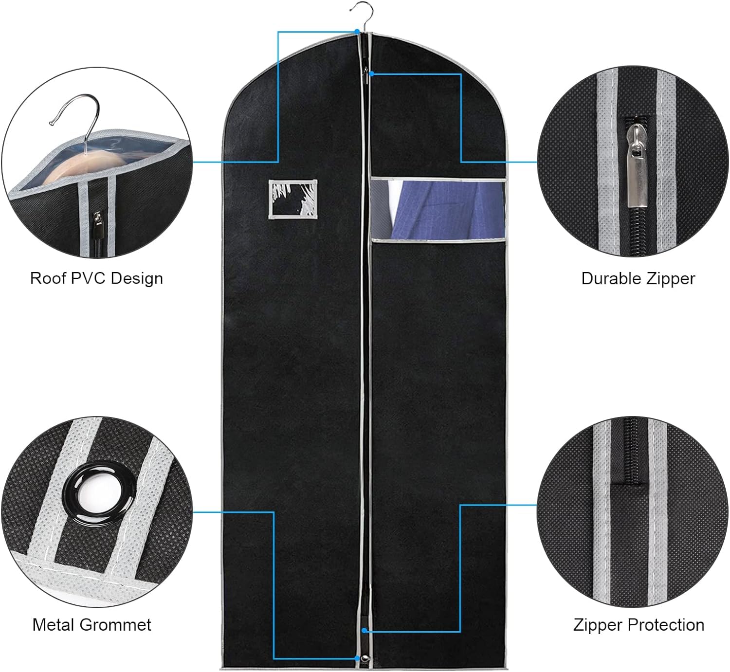 Syeeiex 60'' Garment Bag  Set of 4 Suit Bag  Garment Bags for Hanging Clothes  Suit Covers Bags for Men or Women  Dress Bags for Storage Suits  Shirts T-shirts and Jackets on Closet or Travel(Black)
