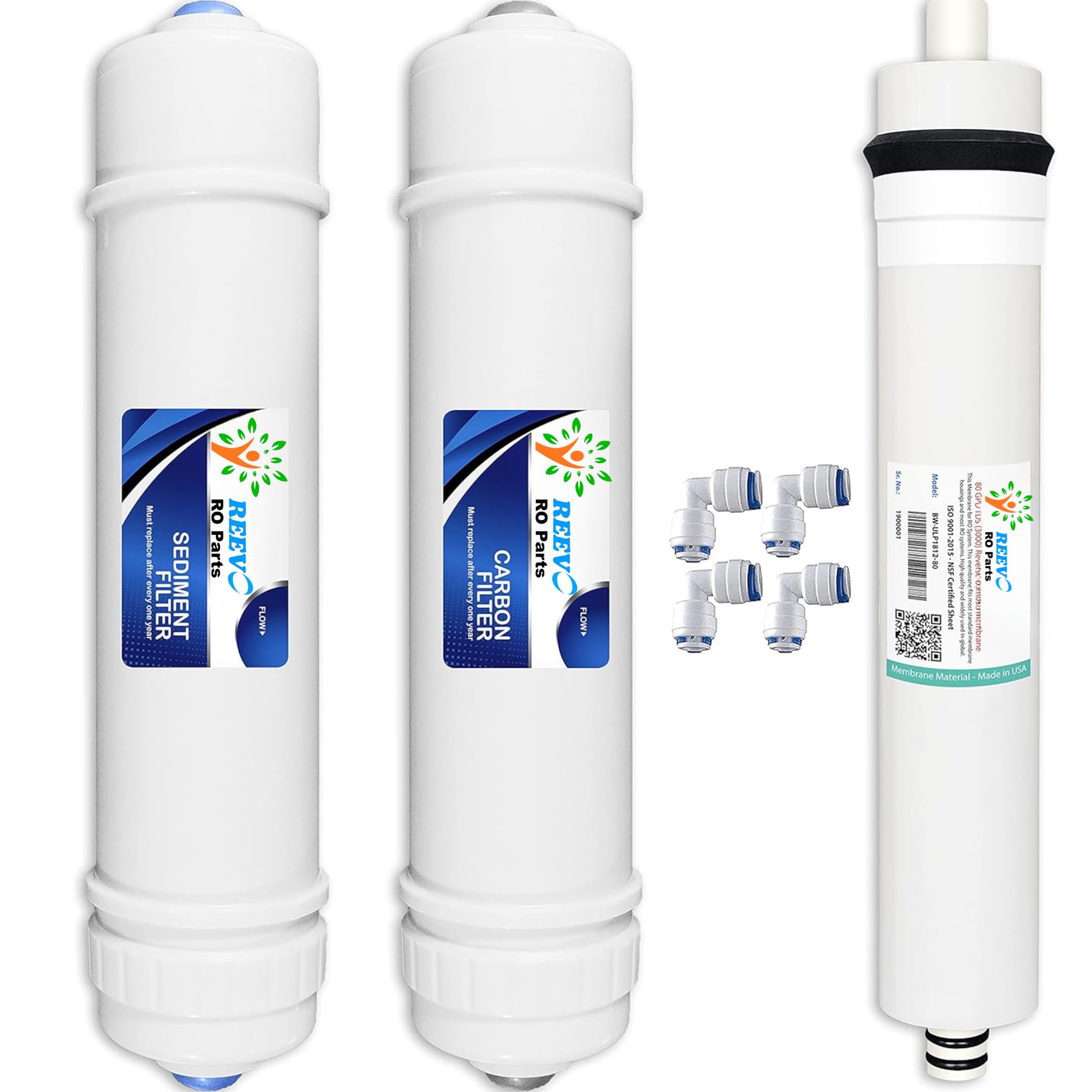 Reevo Ro Parts 80 Gpd Ro Membrane + Inline Carbon & Sediment Filters - Complete Water Purifier Kit | Compatible With All Ro Syst